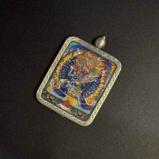  A 3.5x4.5cm hand-painted Rekong Cuiying series Yamantaka (Conqueror of Death) Thangka pendant featuring destruction of death and obstacles in Buddhist tradition.

