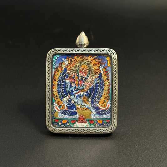  Detailed view of the presentation and casing for the Yamantaka Cuiying Thangka pendant.
