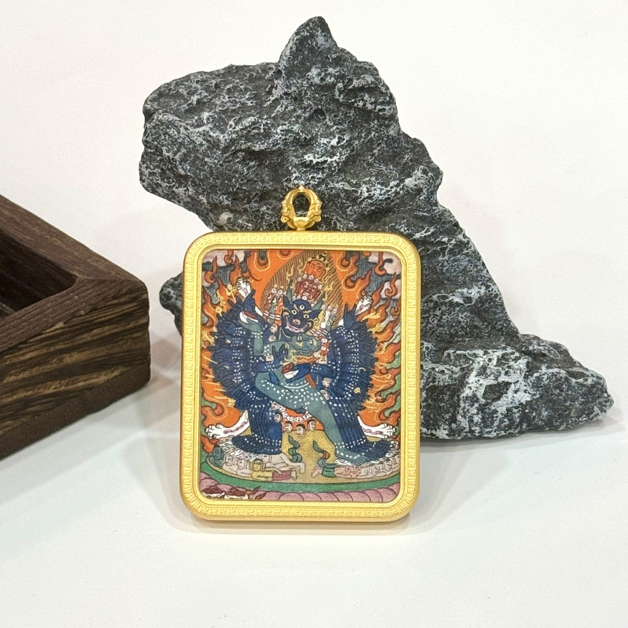  Hand-painted Tibet Yamantaka (Vajrabhairava) Thangka pendant featuring the Conqueror of Death, encased in copper alloy, representing wrathful wisdom and protection in Tibetan Buddhist tradition.

