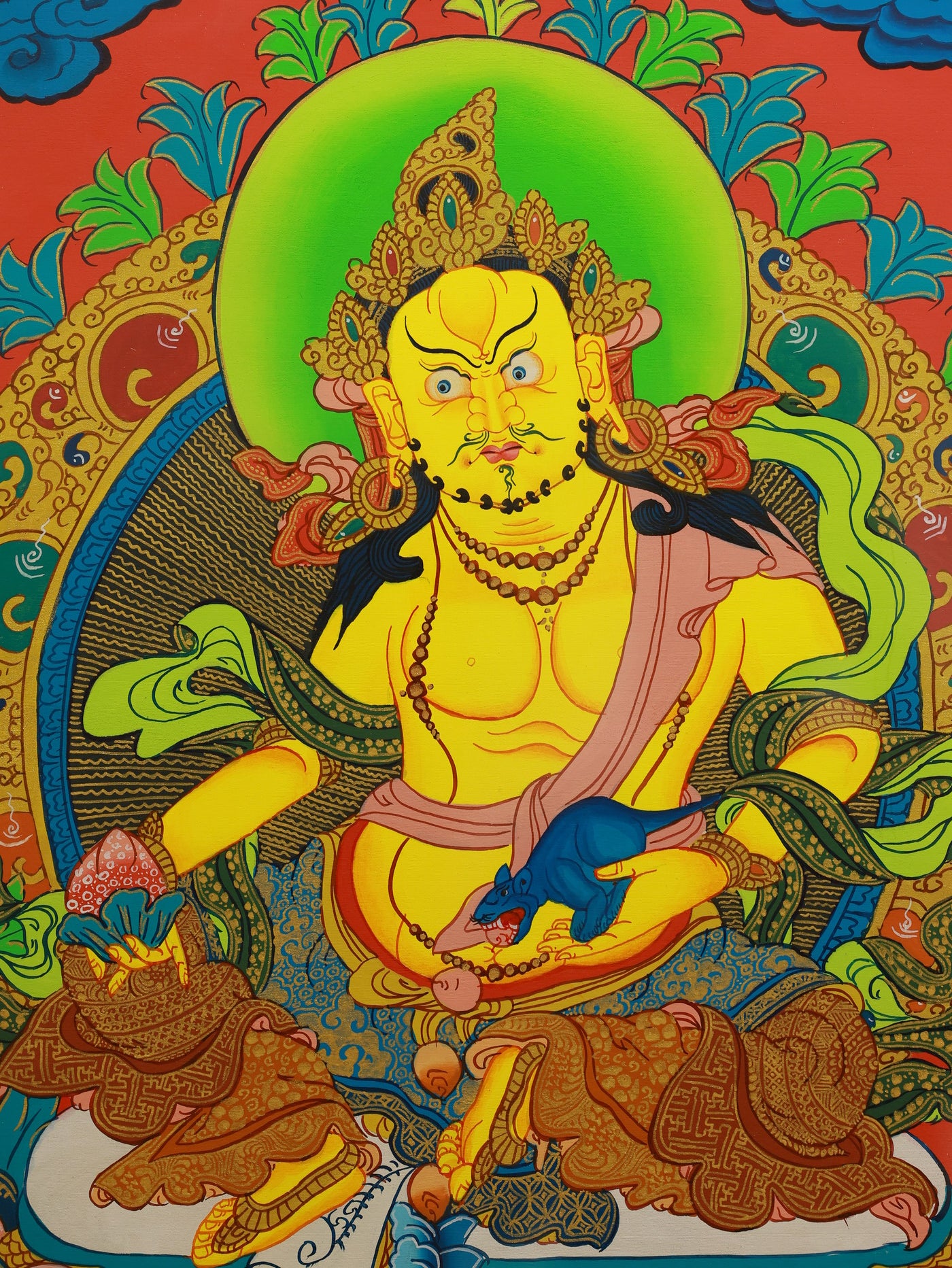 Yellow Cai God Painting Thangka with detailed Tibetan motifs.