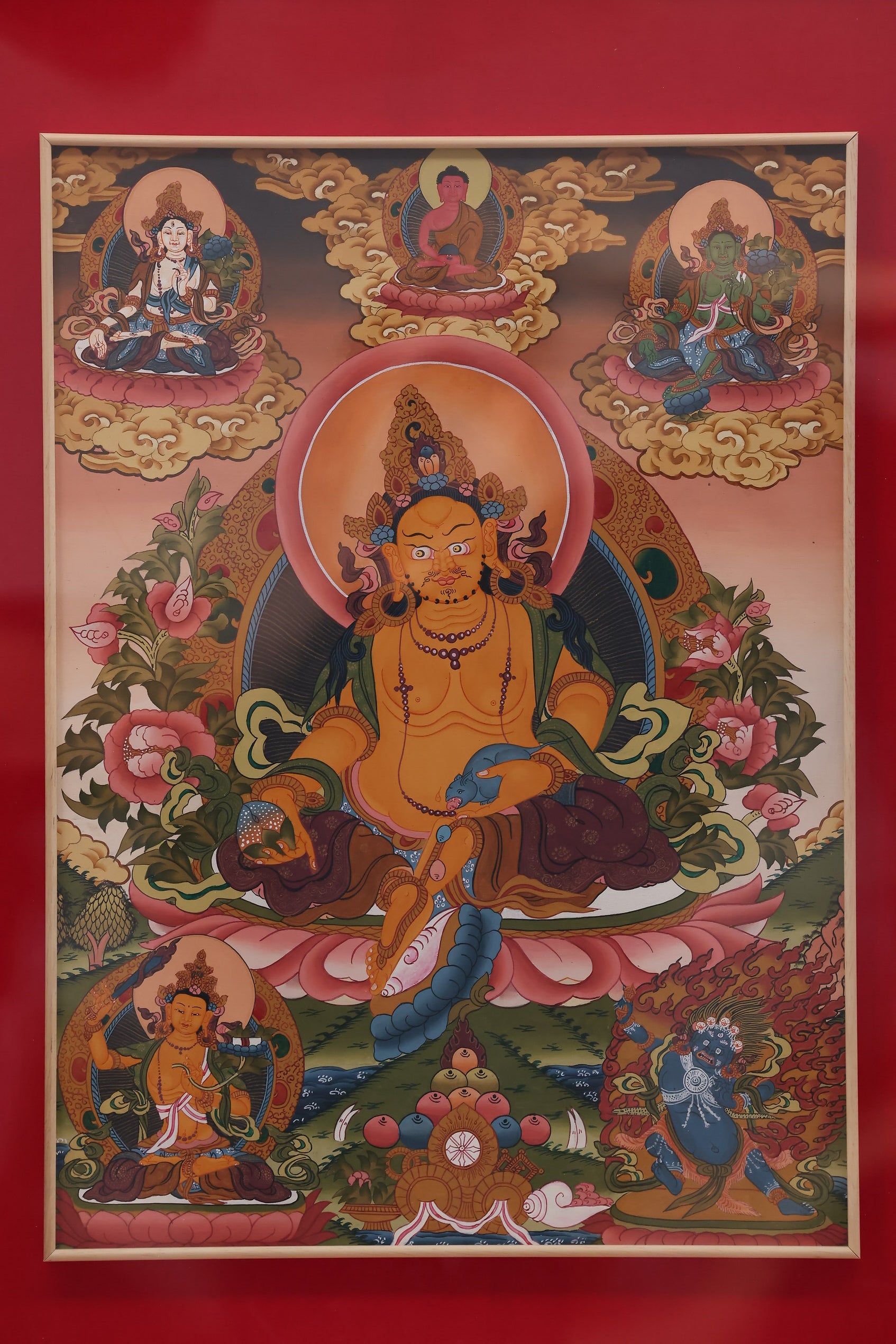Tibetan Yellow Jambhala Thangka – sacred art for wealth protection and financial stability in Buddhist tradition.