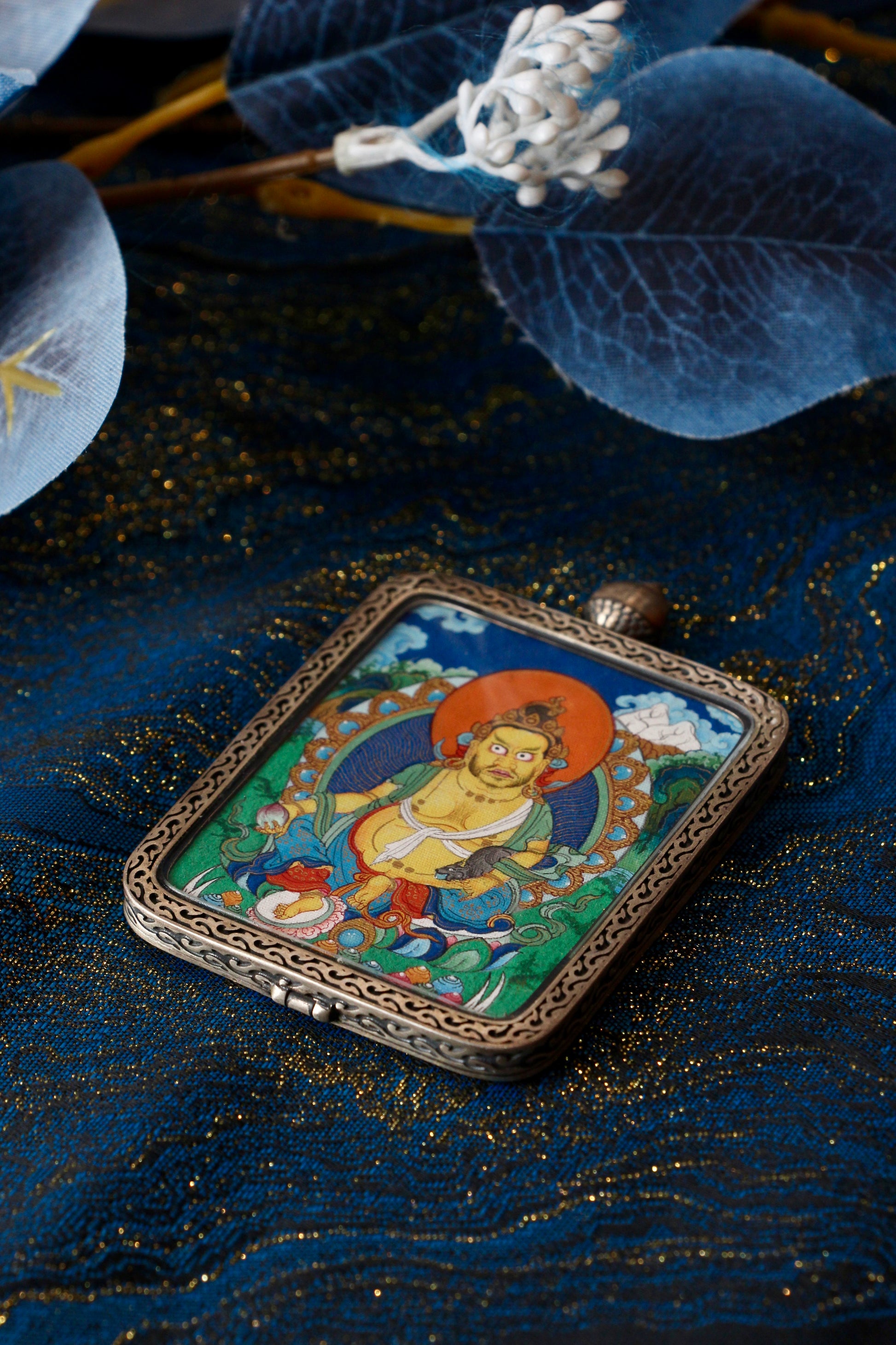 Tibetan Yellow God of Wealth (Zangbala Sebo) Thangka, 4x5cm, natural mineral paint with Dunhuang silver shell, traditional Tibetan Buddhist artwork.