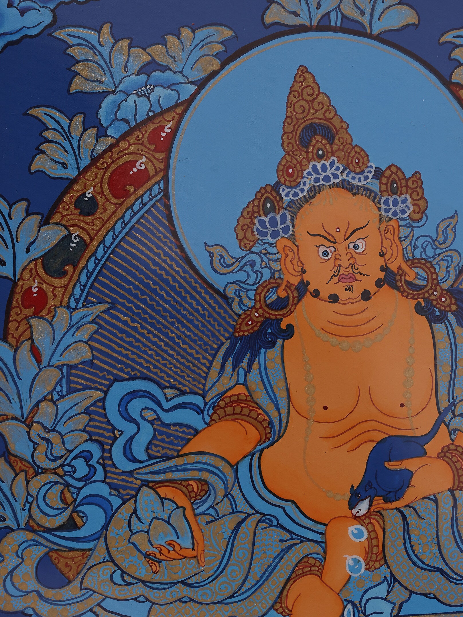 Jambhala wealth prosperity thangka illustrating the protector of fortune in Tibetan Buddhism surrounded by auspicious symbols