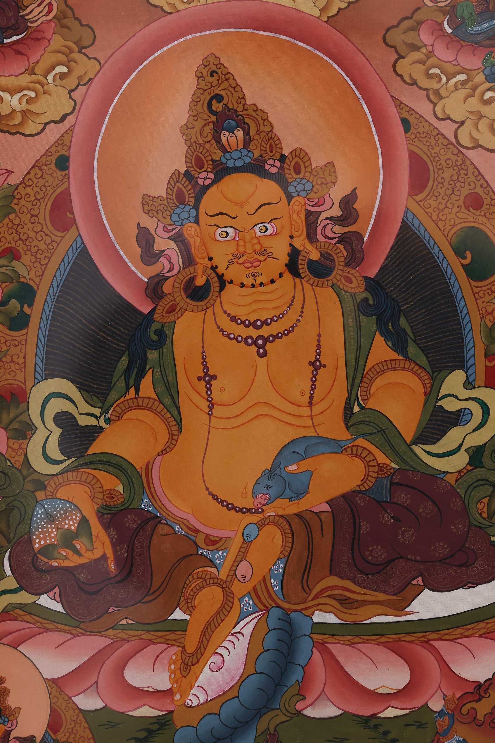 Handpainted Black-Gold Yellow Jambhala Thangka – traditional Tibetan Buddhist handcrafted wealth art.