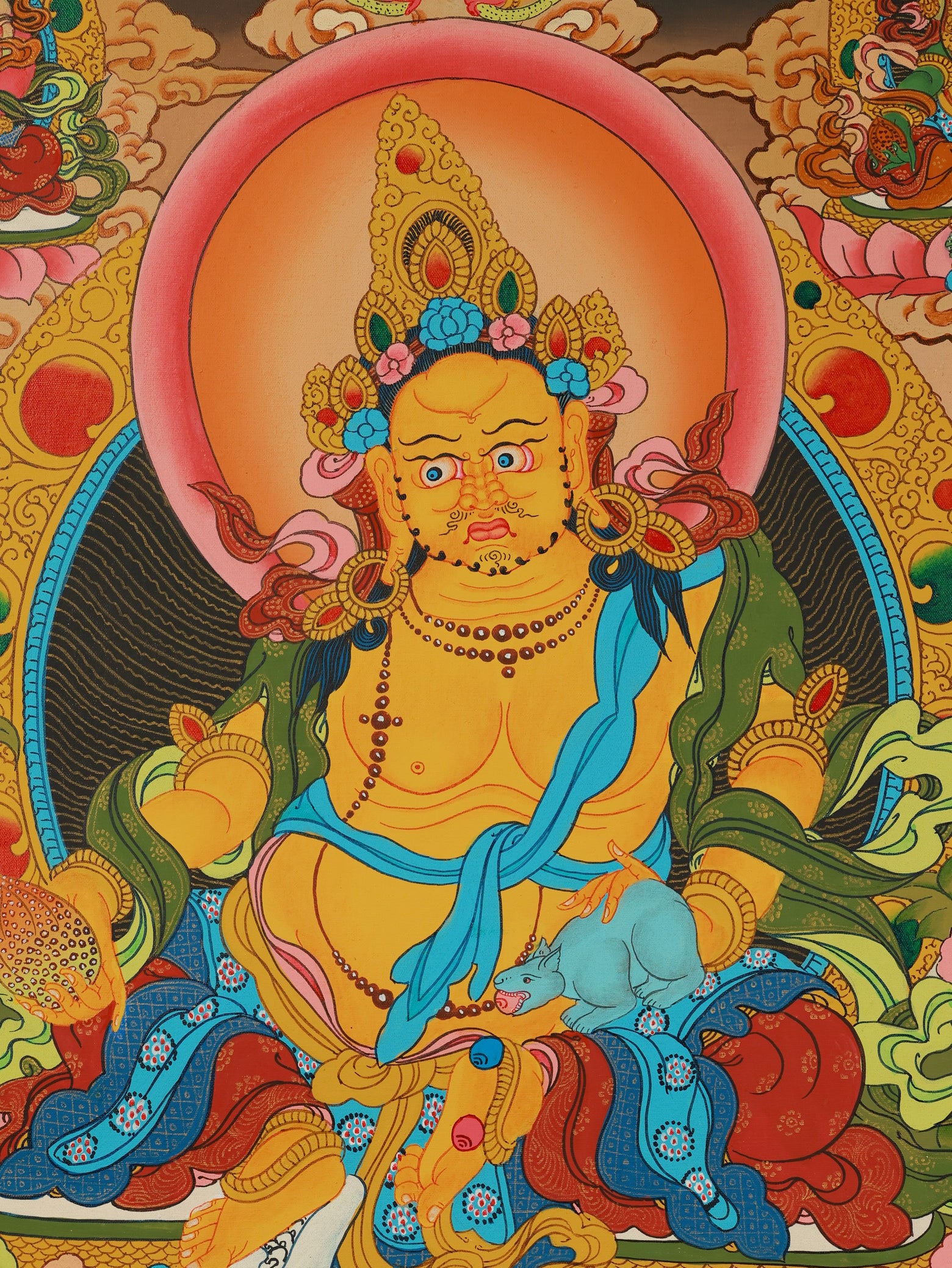 Tantric Tibetan thangka depicting Yellow Jambhala with the Five Wealth Gods, symbolizing abundance and merit accumulation.