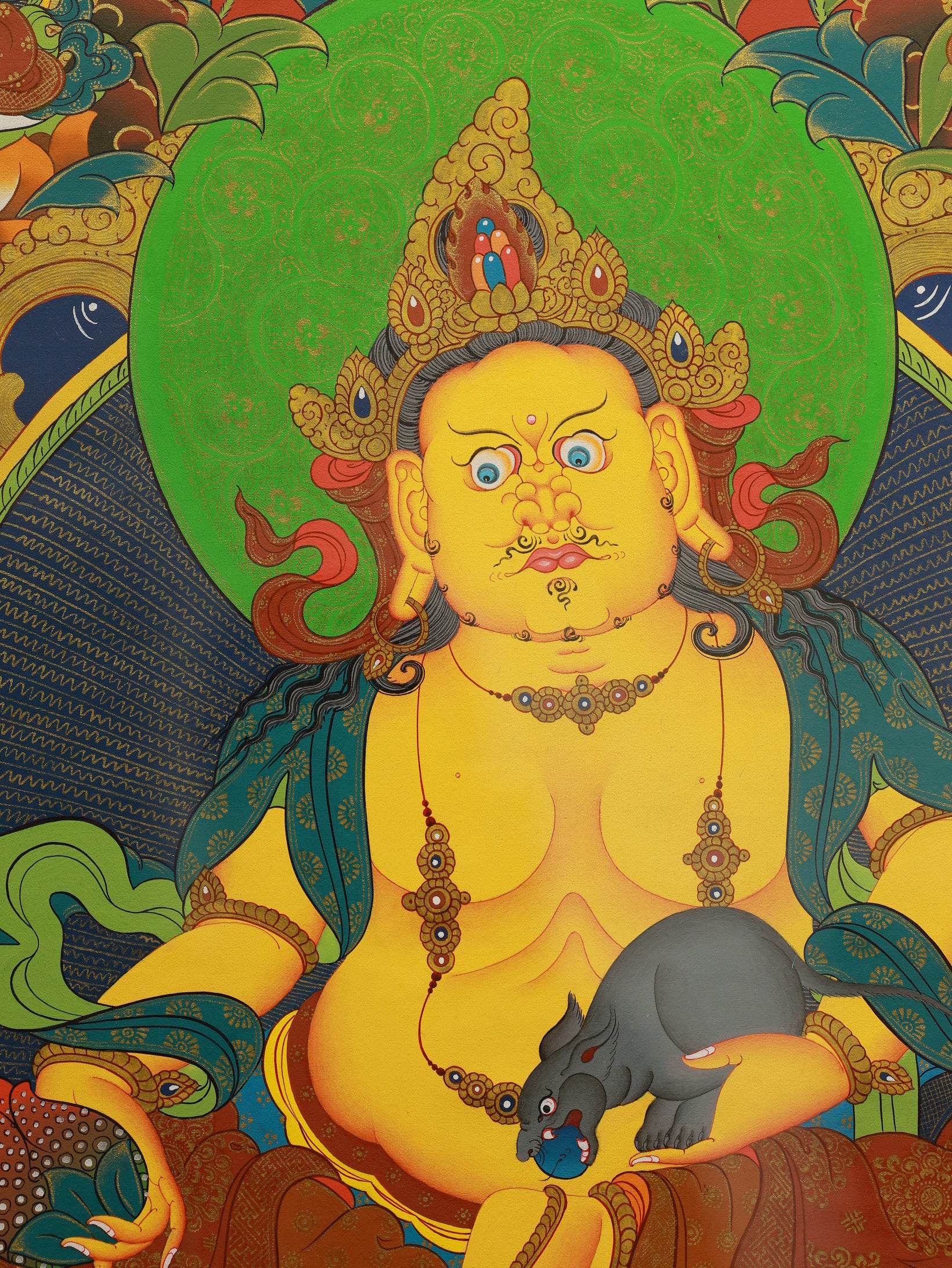 Five Direction Wealth Gods thangka with Yellow Jambhala at the center, reflecting the complete wealth system of Tibetan Buddhism.