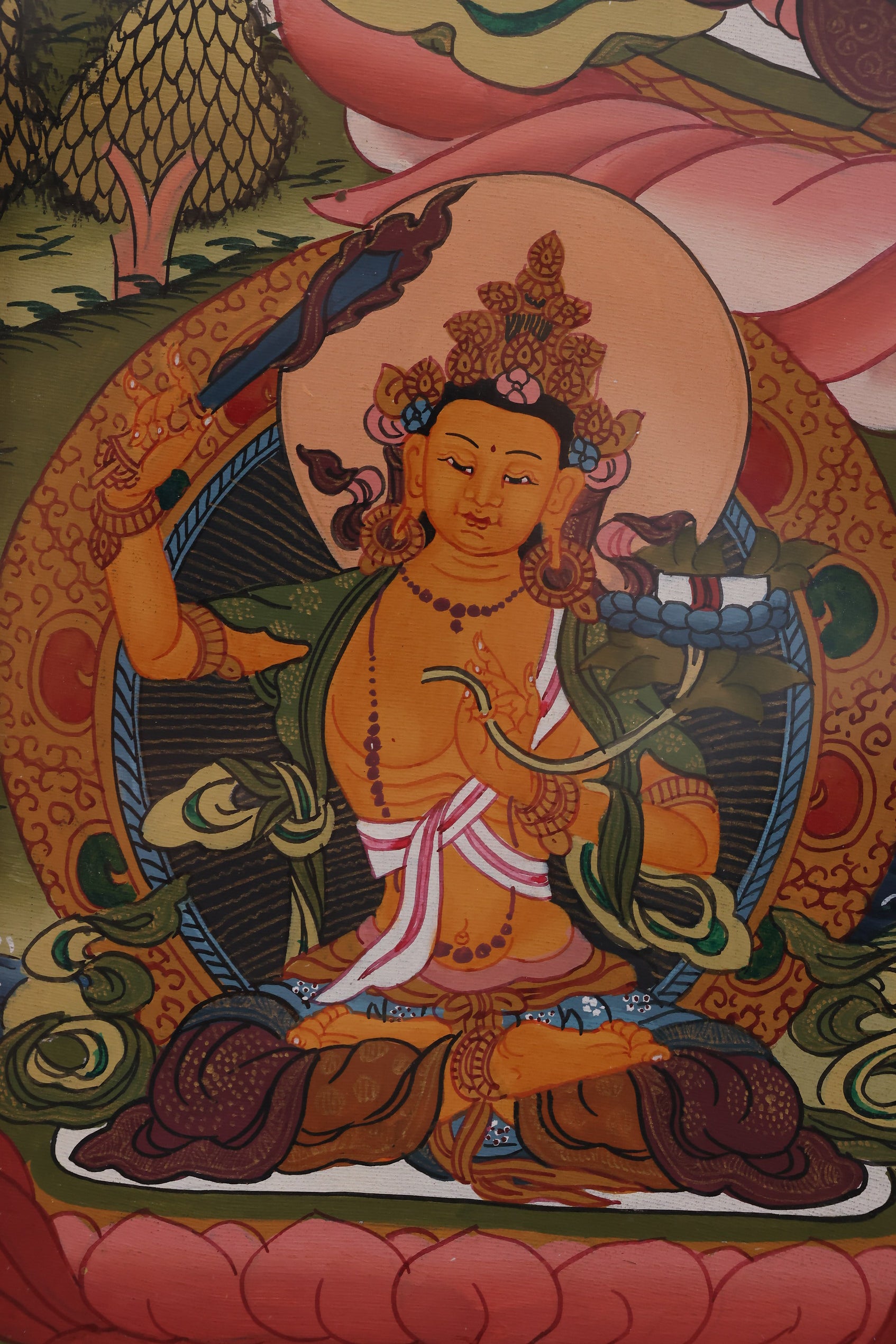 Handpainted Yellow Jambhala Wealth Thangka – traditional Tibetan Buddhist handcrafted prosperity art.