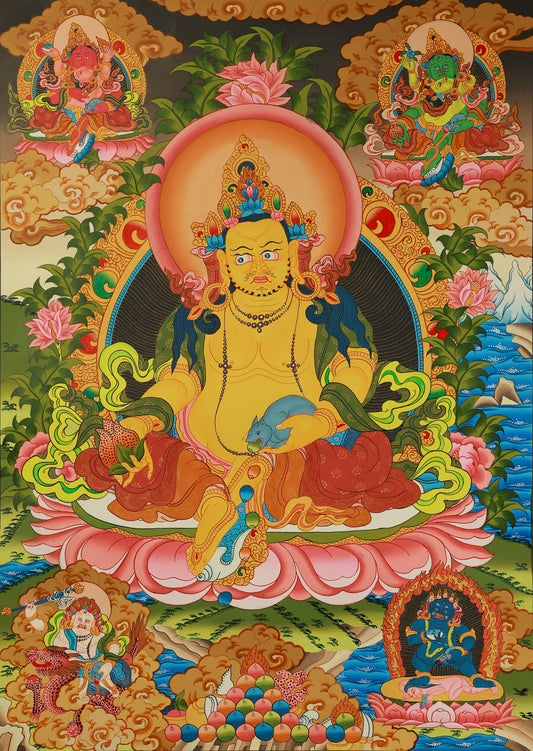 Hand-painted Tibetan Thangka of Yellow Jambhala as the central deity with the Five Wealth Gods, symbolizing prosperity and abundance