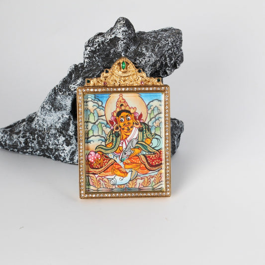  Hand-painted Nepal Gardri Style Yellow Jambhala Thangka pendant featuring the King of Wealth, encased in titanium steel, representing prosperity in Tibetan Buddhist tradition.

