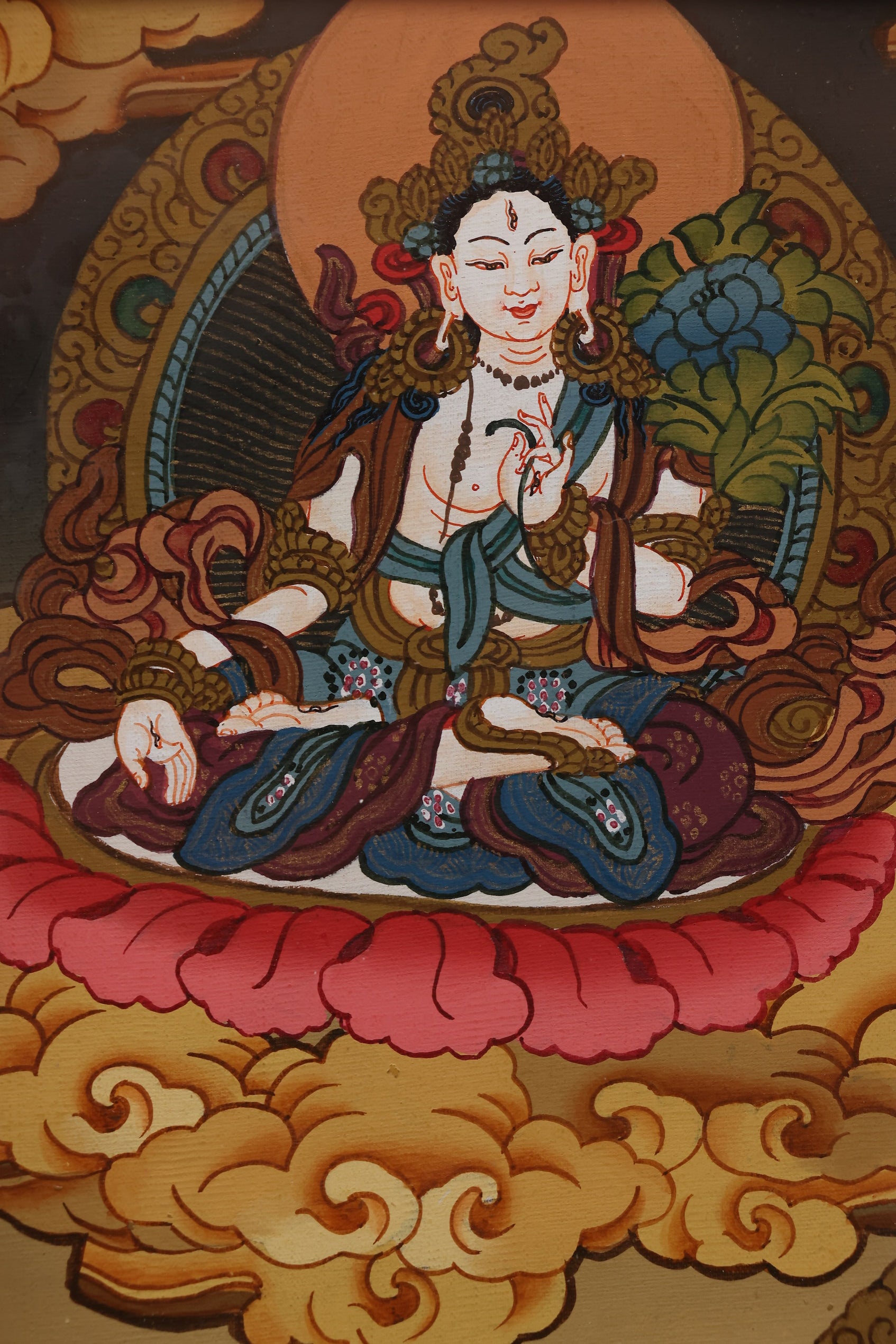Vajrayana Yellow Jambhala thangka art symbolizing prosperity, generosity, and spiritual wealth