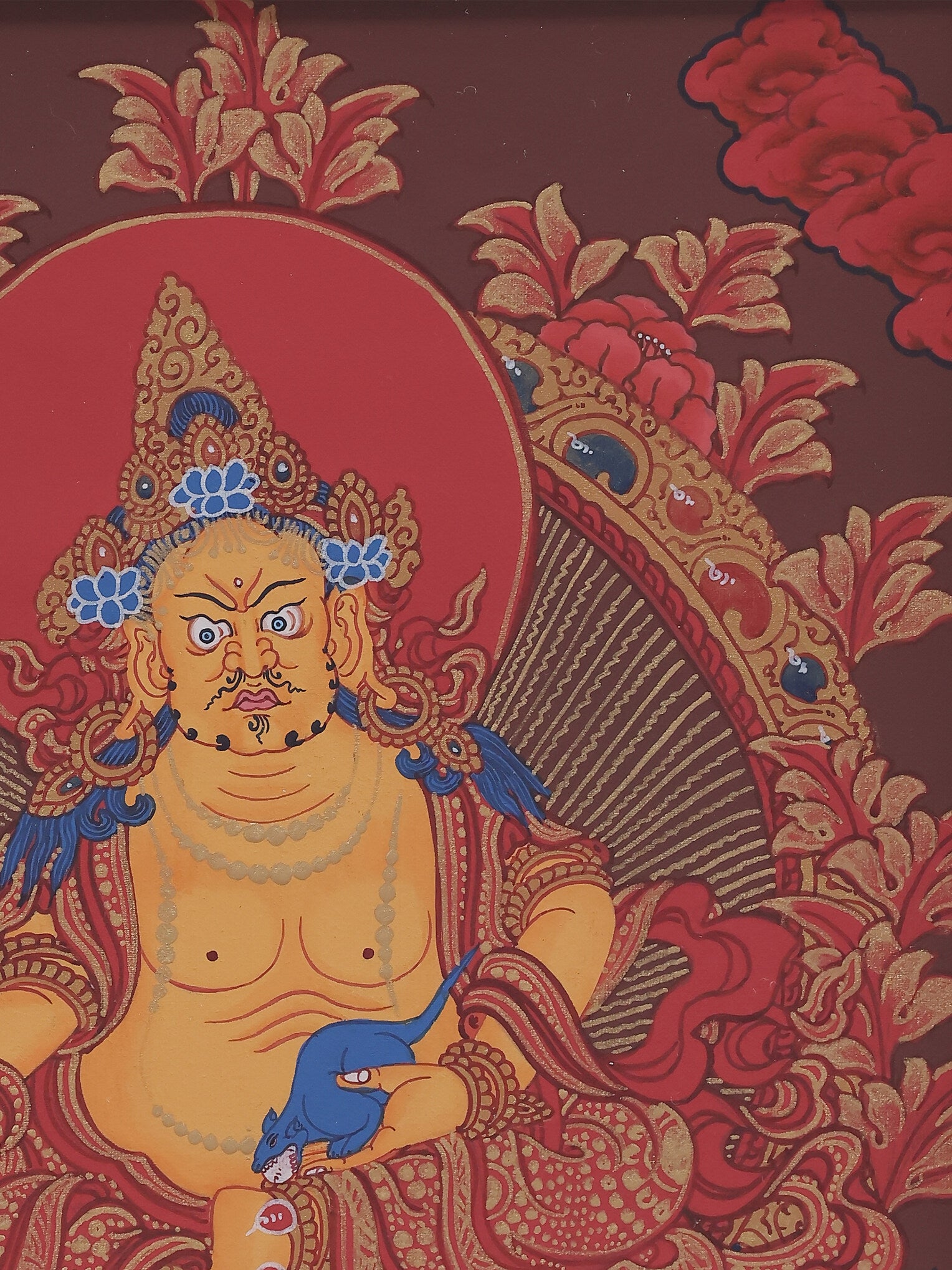 Tibetan Buddhist Yellow Jambhala Thangka representing prosperity and financial well-being