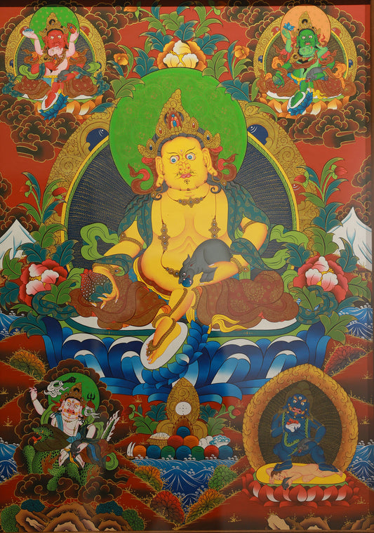 Hand-painted Tibetan Buddhist thangka featuring Yellow Jambhala as the central deity with the Five Wealth Gods symbolizing prosperity and abundance.