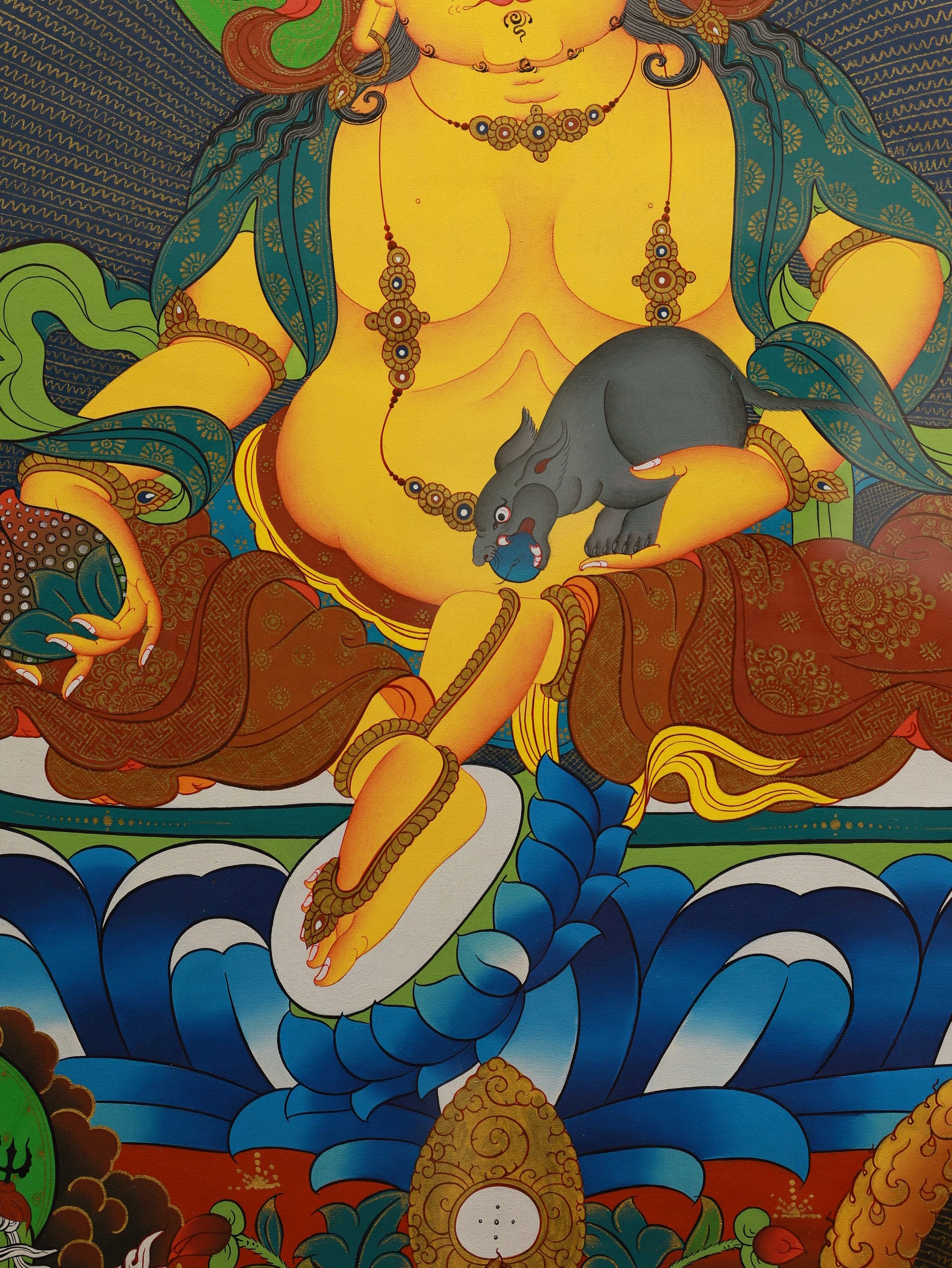 Wealth protection thangka depicting Yellow Jambhala and the Five Wealth Deities, believed to safeguard prosperity and fortune.