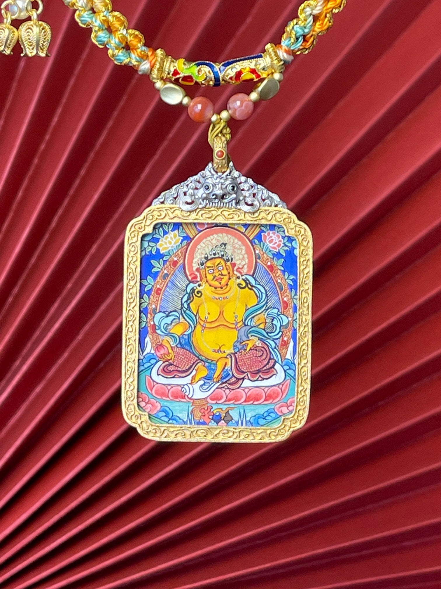  Hand-painted Rekong Yellow Jambhala (黄财神 · 瞻巴拉) Thangka pendant 3.5x4.5cm with hand-woven cord, Rekong series.
