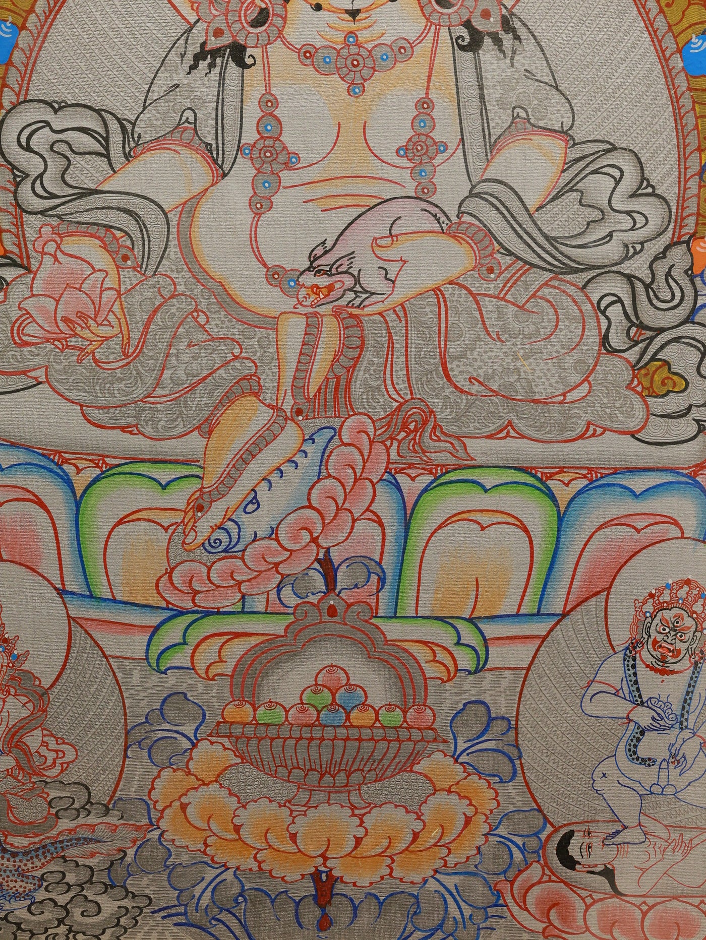 Traditional Tibetan silver thangka featuring Yellow Jambhala in sacred Buddhist iconography