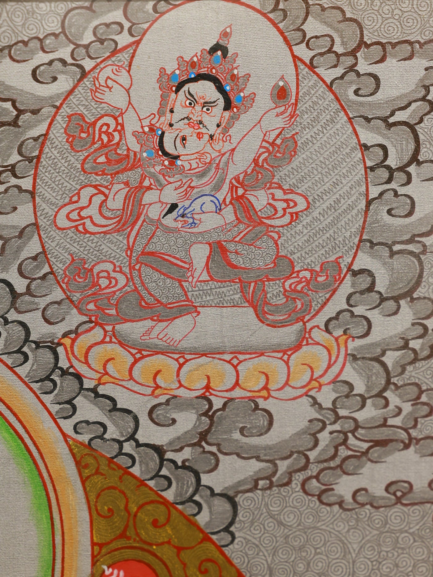 Silver Yellow Jambhala thangka symbolizing prosperity, good fortune, and material blessings