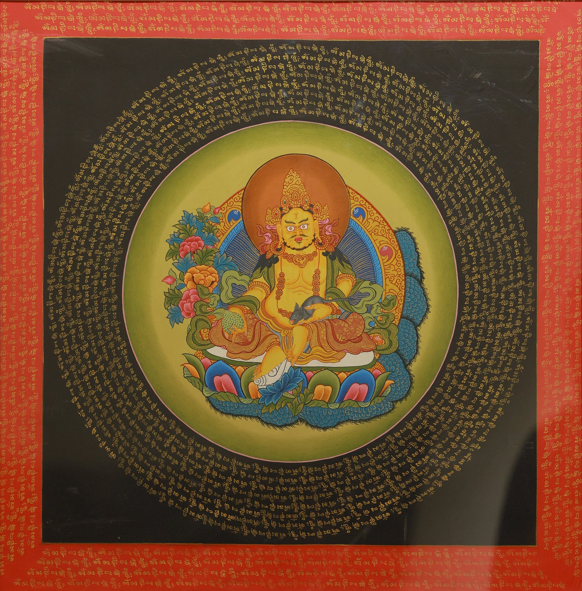 Tibetan Buddhist Yellow Jambhala Thangka depicting the Six Syllable Mantra for wealth and prosperity, traditional sacred art.