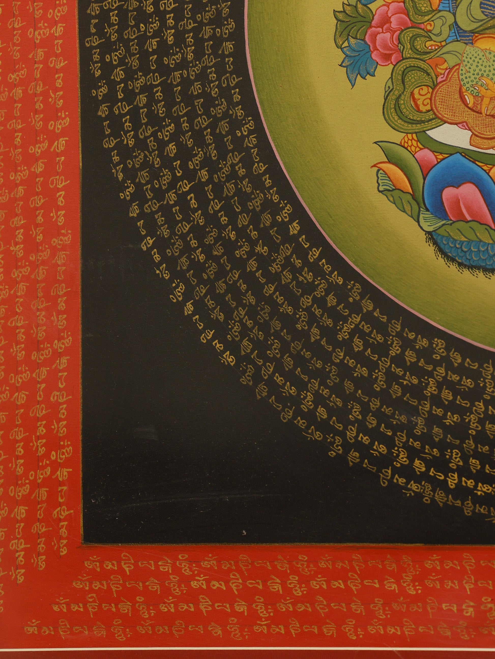 Handcrafted Yellow Jambhala Thangka showing the Six Syllable Mantra, traditional Tibetan Buddhist artwork for fortune.