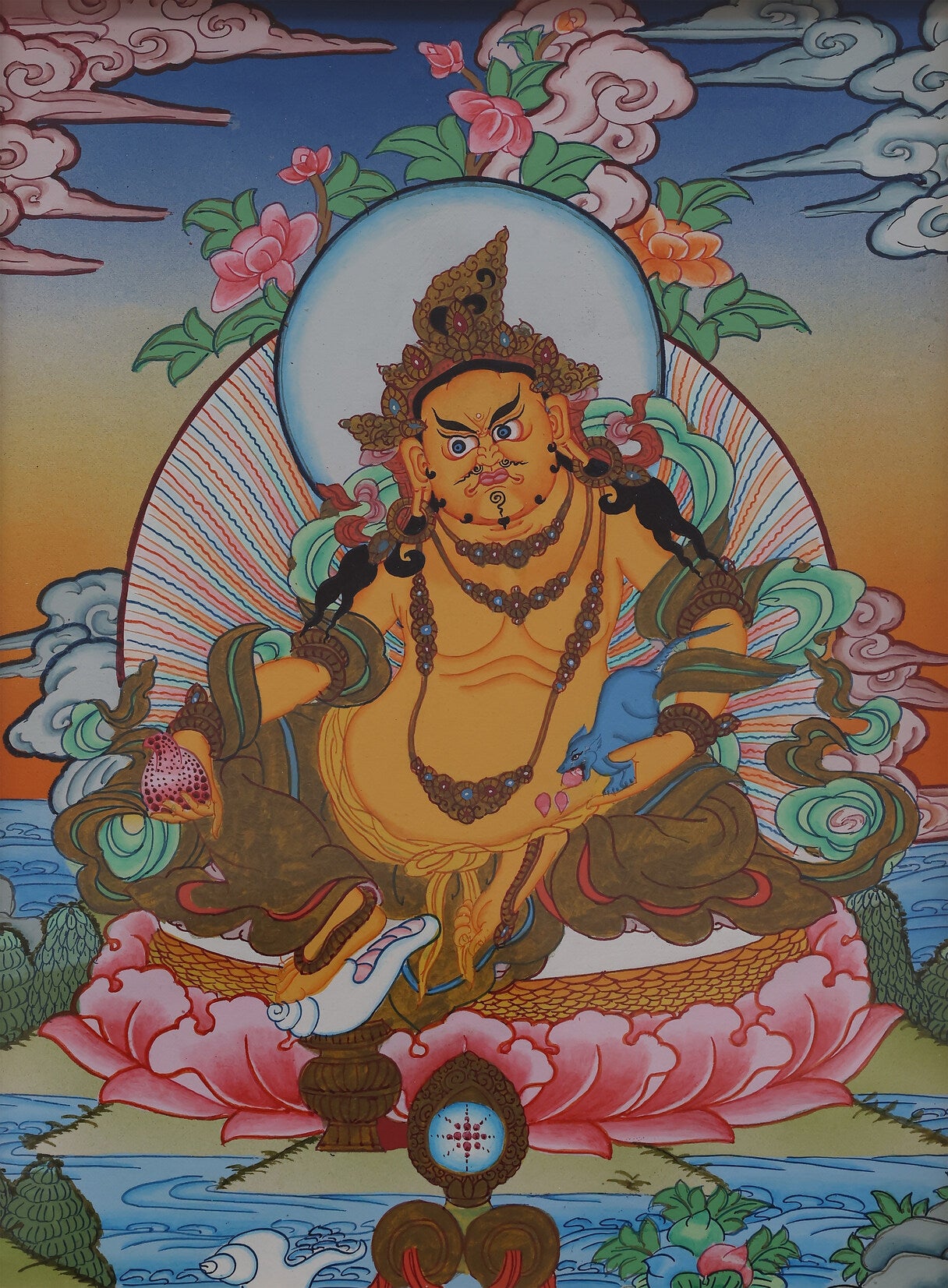 A colorful Tibetan Buddhist thangka depicting Yellow Jambhala, the wealth deity, symbolizing prosperity and abundance.