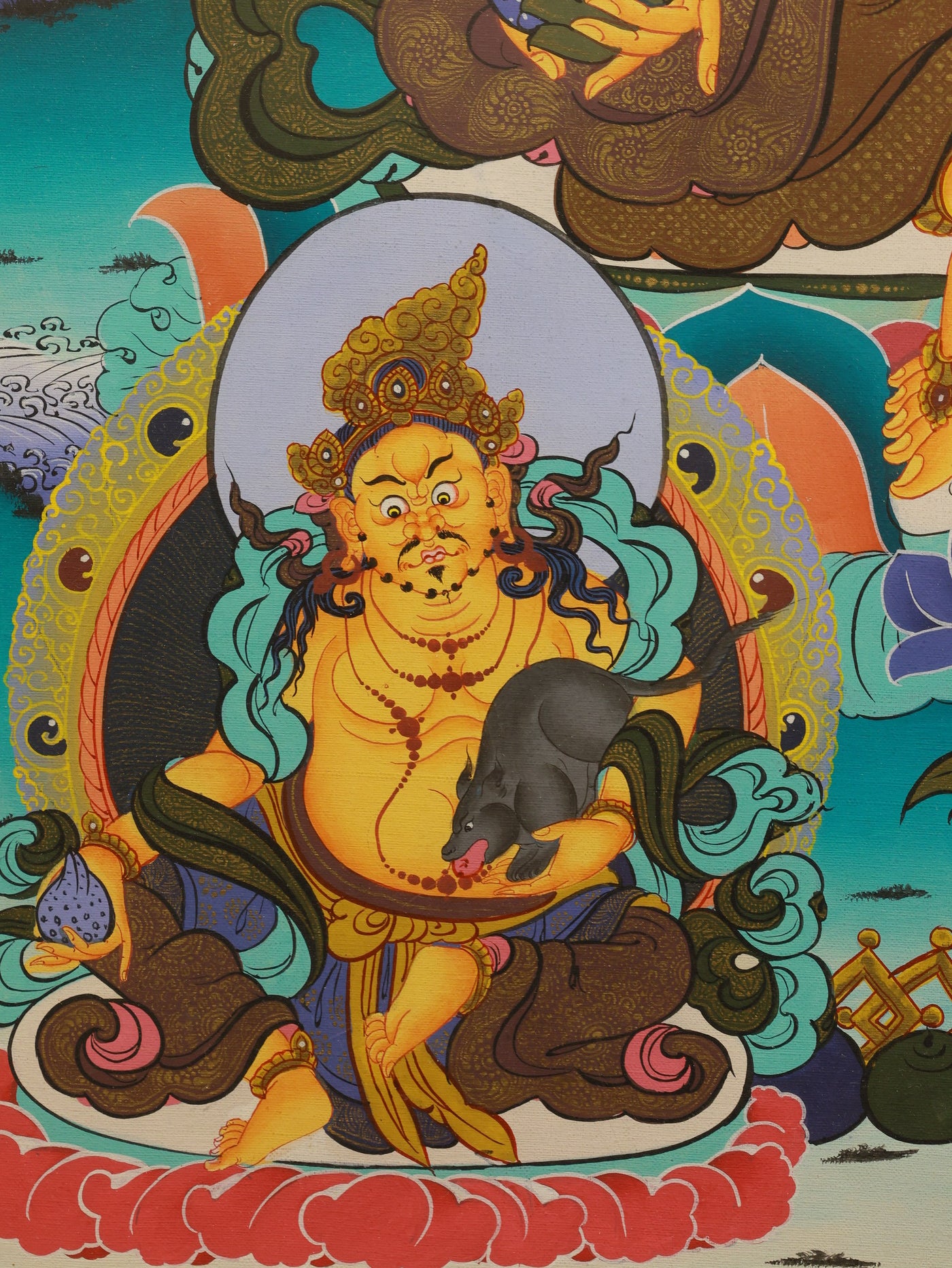 Tibetan Buddhist color thangka showing Yellow Jambhala as a sacred wealth deity in traditional Buddhist art
