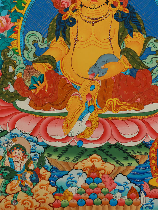 Yellow Jambhala Thangka representing prosperity and material wealth, crafted in traditional Tibetan Buddhist style."