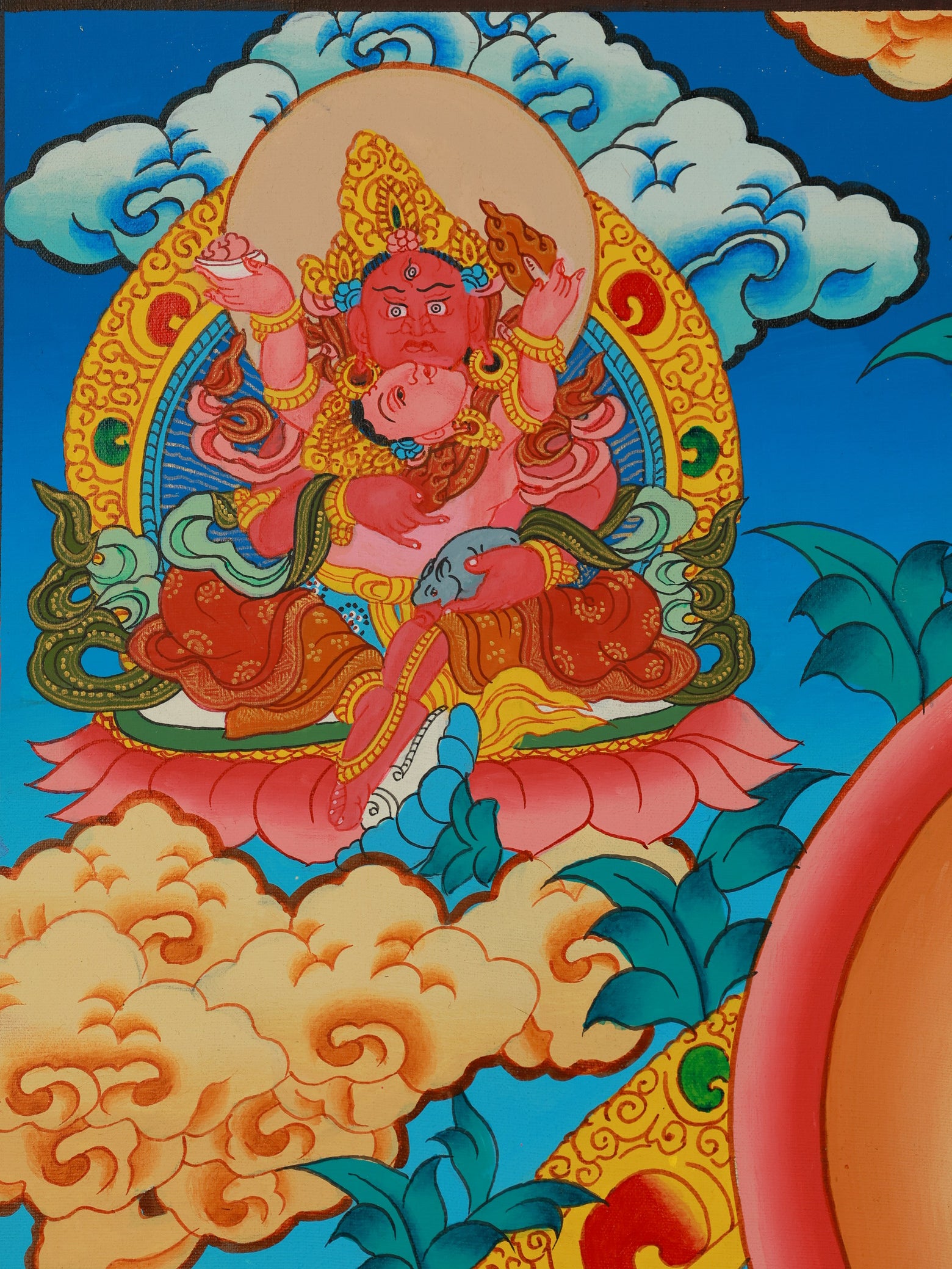 Exquisite hand-painted Tibetan Thangka of Yellow Jambhala, showcasing traditional artistic and spiritual craftsmanship."