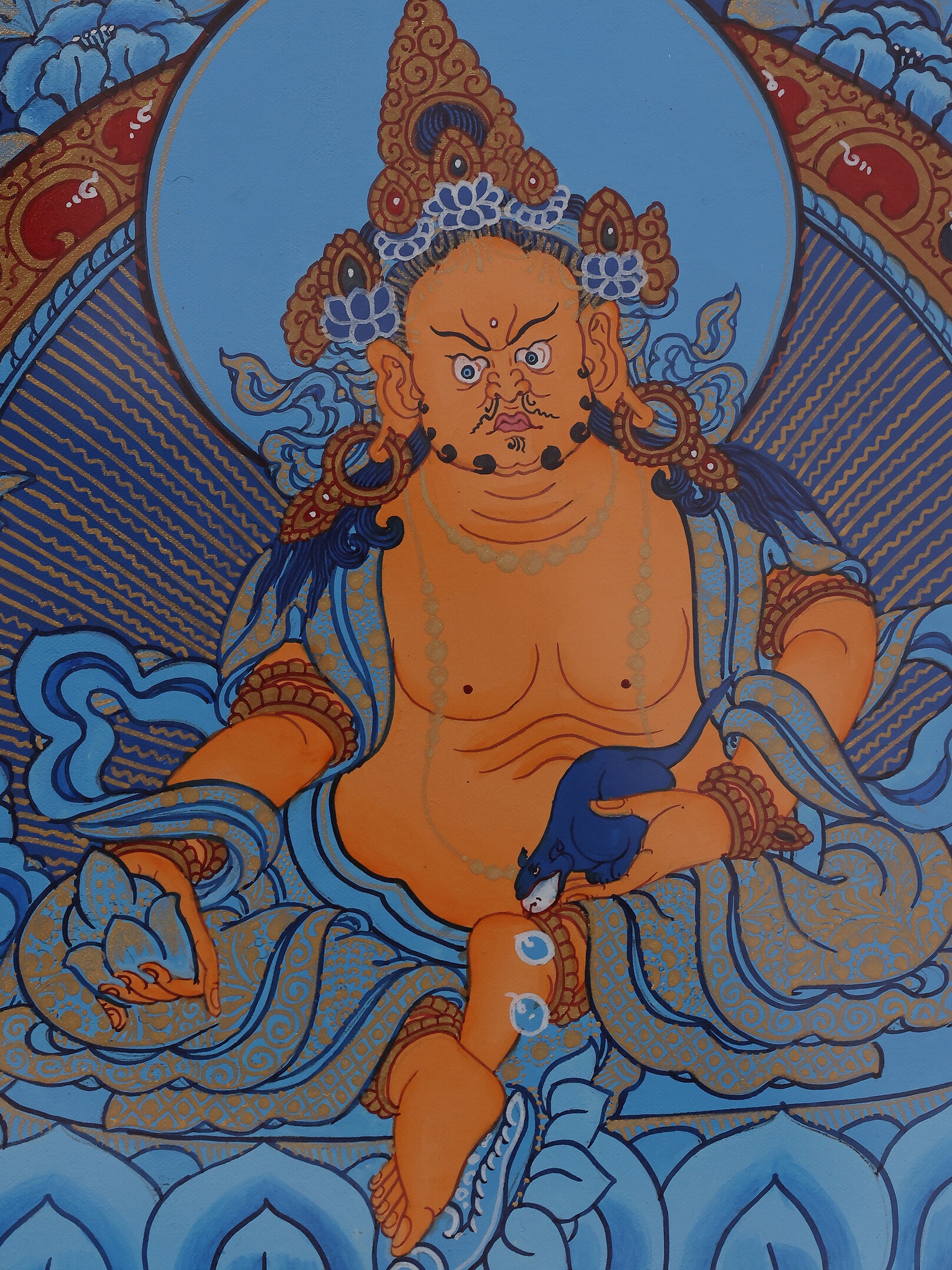 Hand-painted Yellow Jambhala thangka created in traditional Tibetan style with mineral pigments and sacred iconography