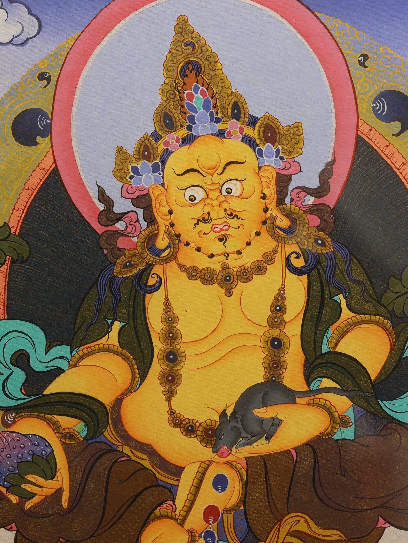 Yellow Jambhala thangka painting symbolizing wealth protection, prosperity, and removal of financial obstacles