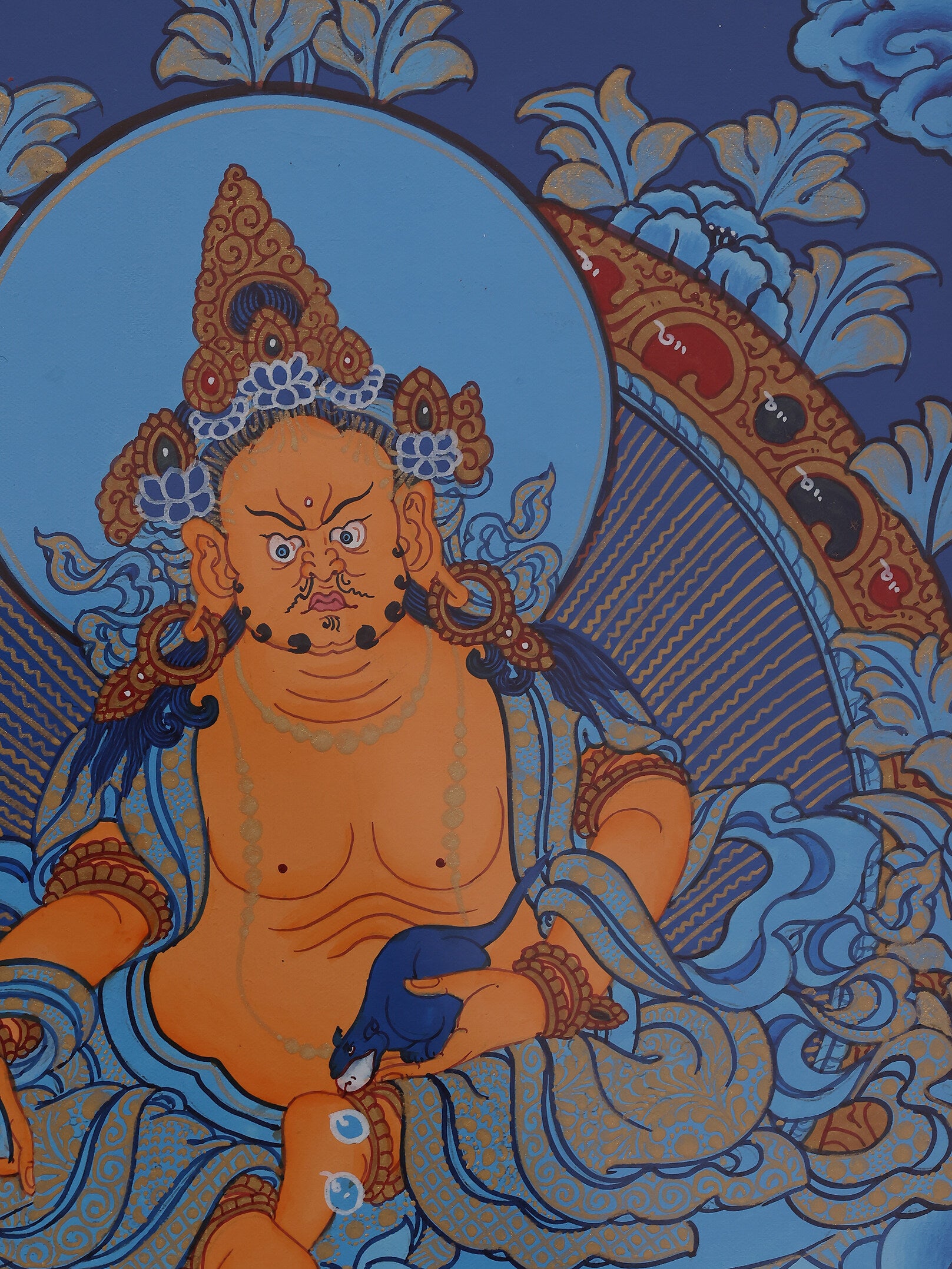 Dzambhala Lord of Wealth thangka representing the head of the Five Wealth Deities in Tibetan Buddhist tradition