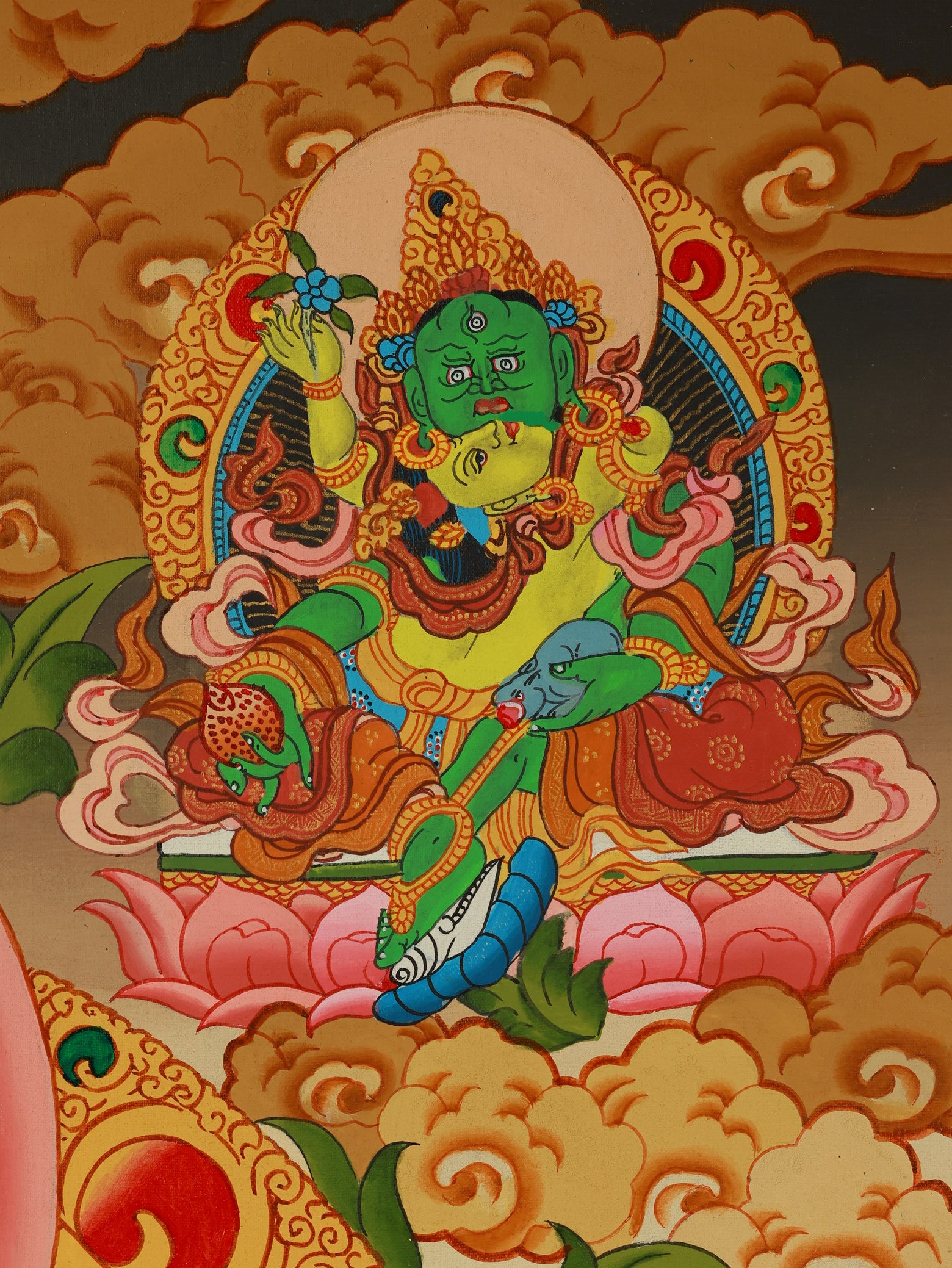 Yellow Jambhala Thangka showing the manifestation of abundance and generosity in Vajrayana Buddhist practice.