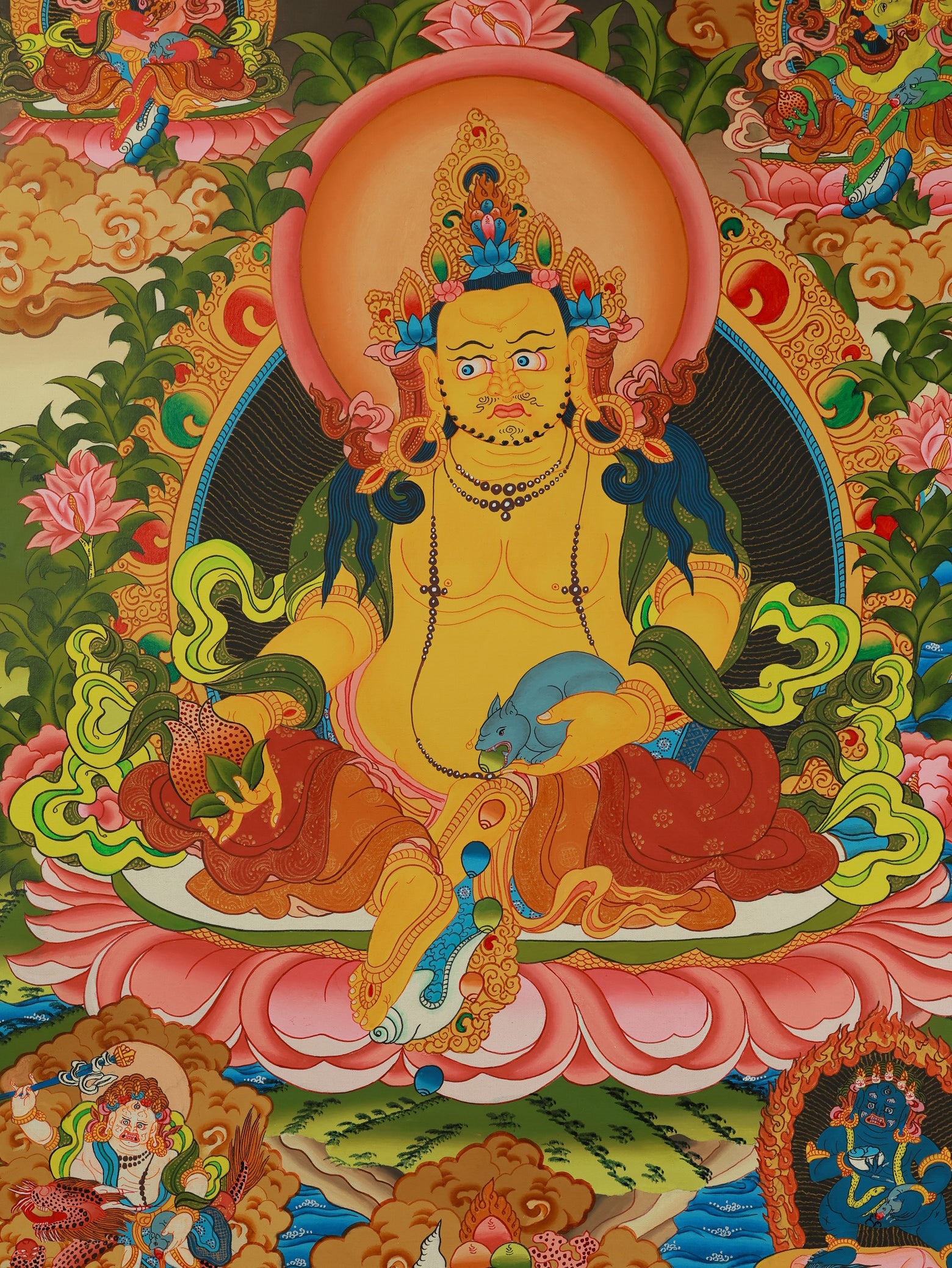 Traditional Dzambhala Thangka in golden yellow, illustrating the Tibetan Yellow Jambhala as a protector of wealth and good fortune.