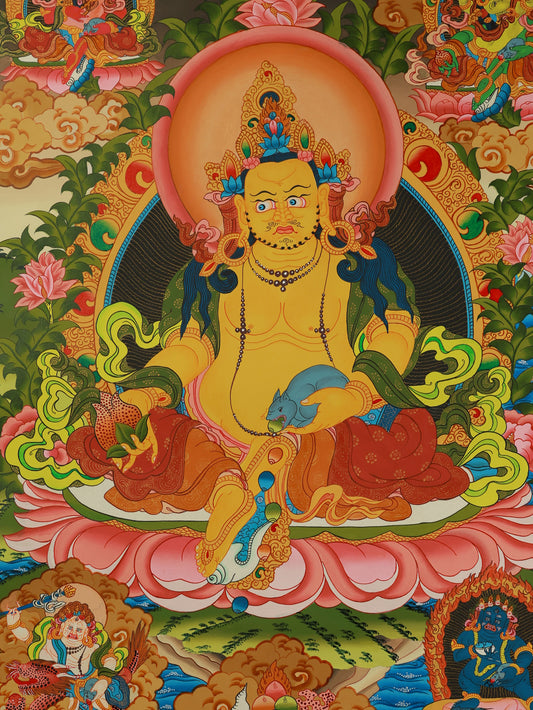 Traditional Dzambhala Thangka in golden yellow, illustrating the Tibetan Yellow Jambhala as a protector of wealth and good fortune.