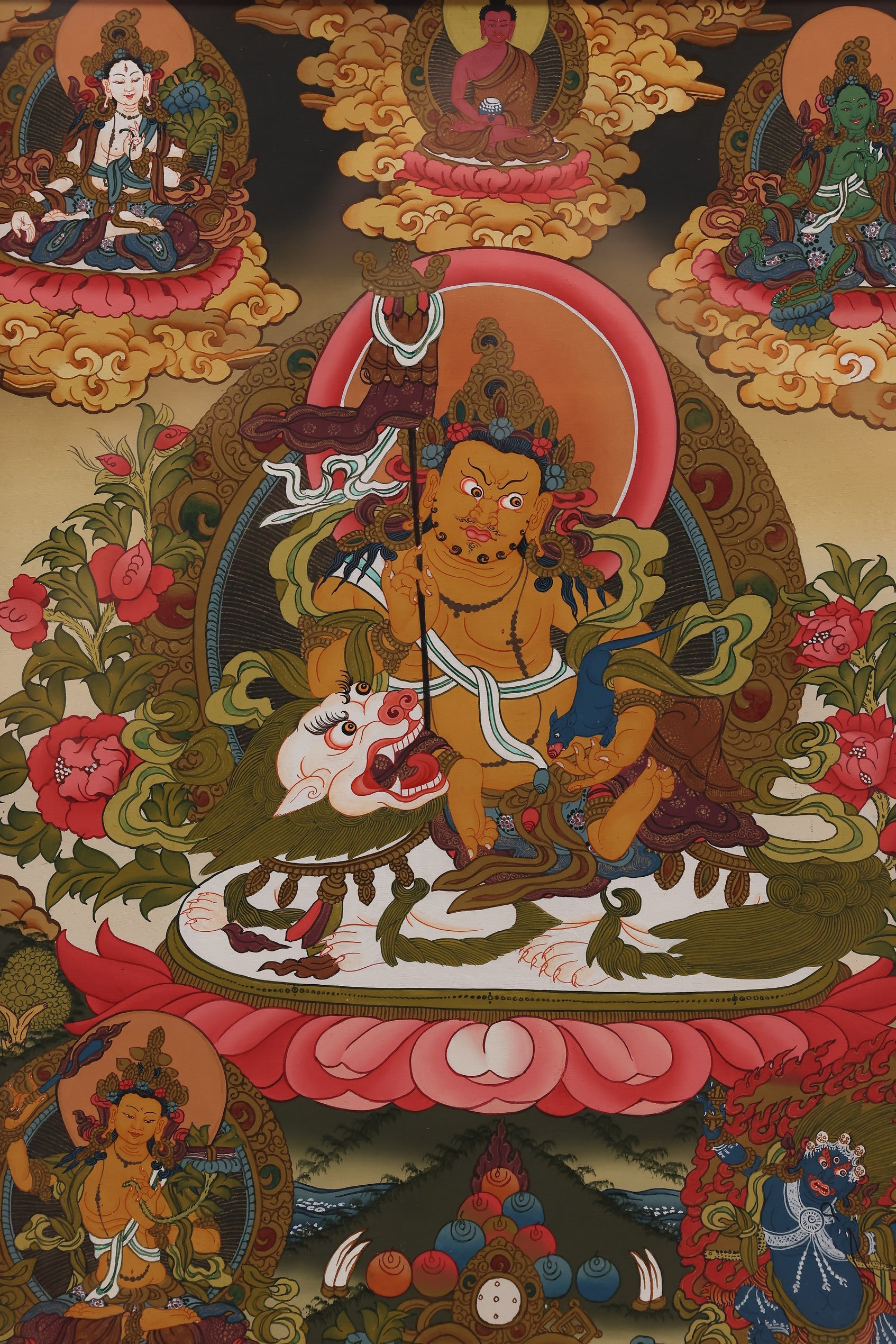 Yellow Jambhala wealth protection mandala thangka illustrating sacred order and material blessing
