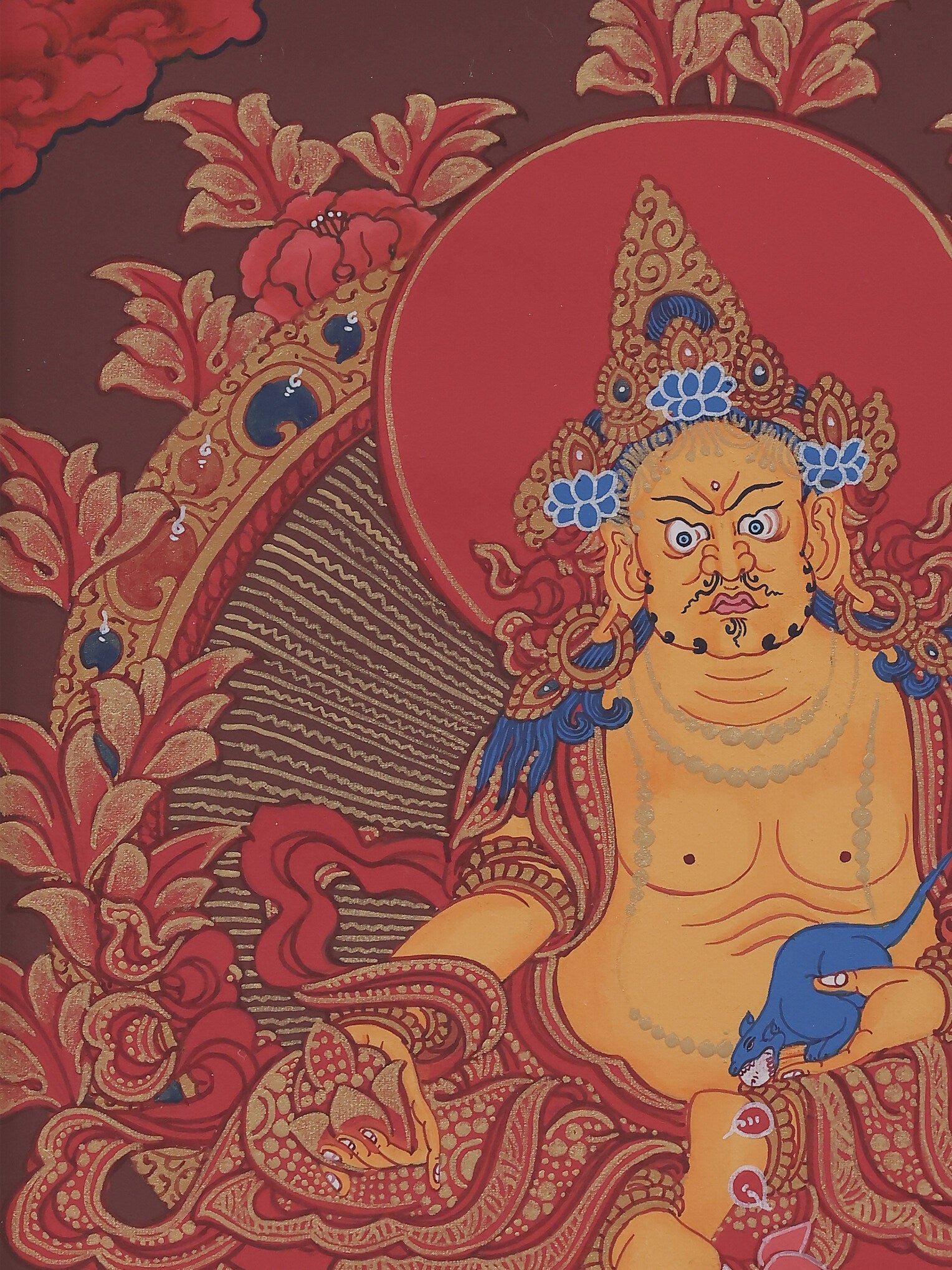 Gilded Tibetan Thangka of Yellow Jambhala, traditional sacred art for wealth and protection