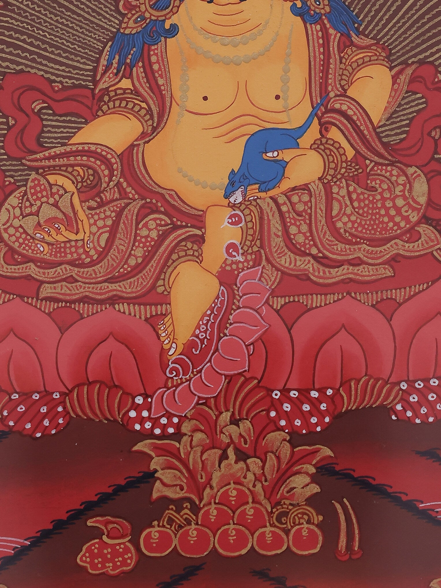 Handcrafted Yellow Jambhala Thangka, representing both wealth and protective blessings