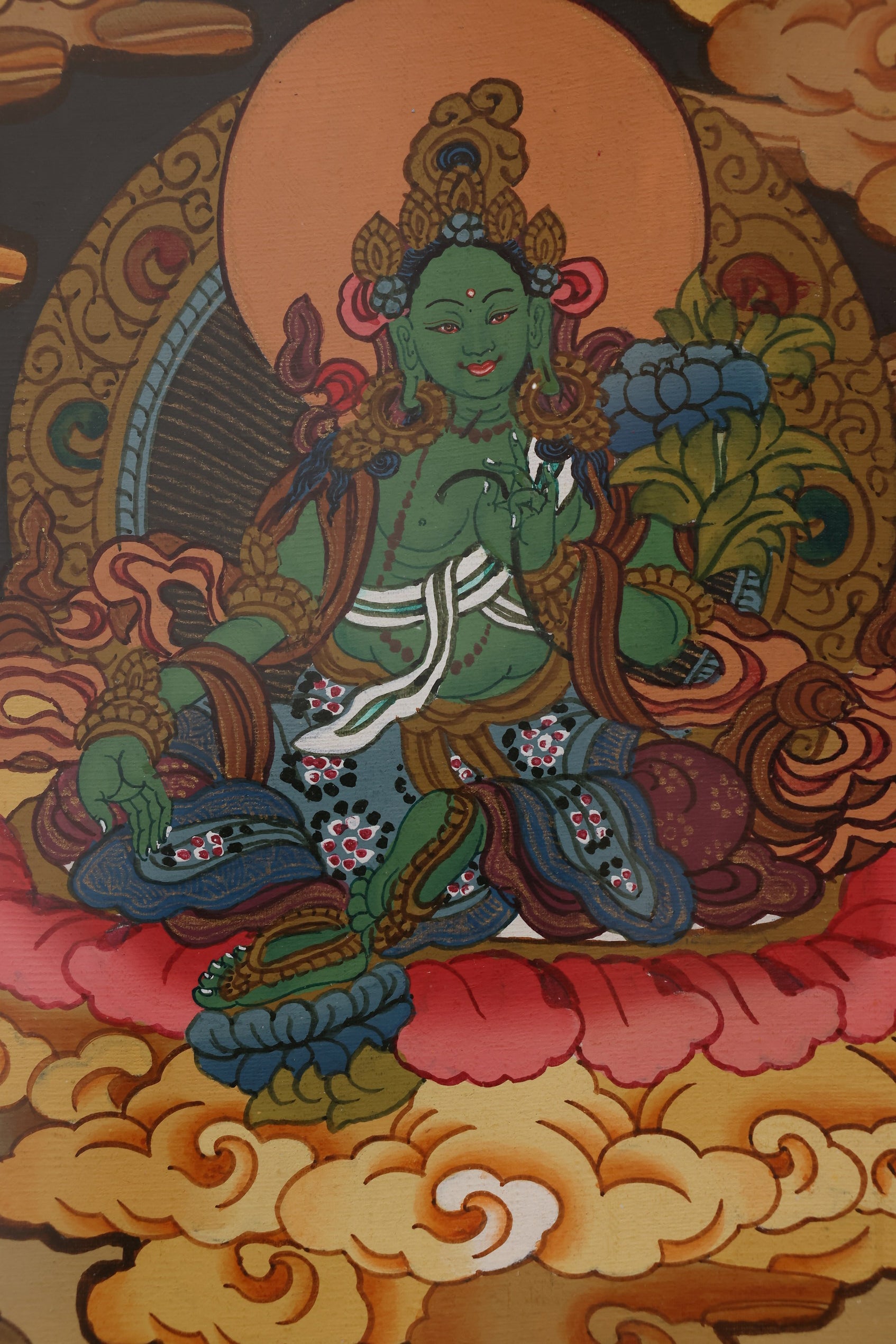 Tibetan Buddhist prosperity thangka featuring Yellow Jambhala as the wealth-granting deity
