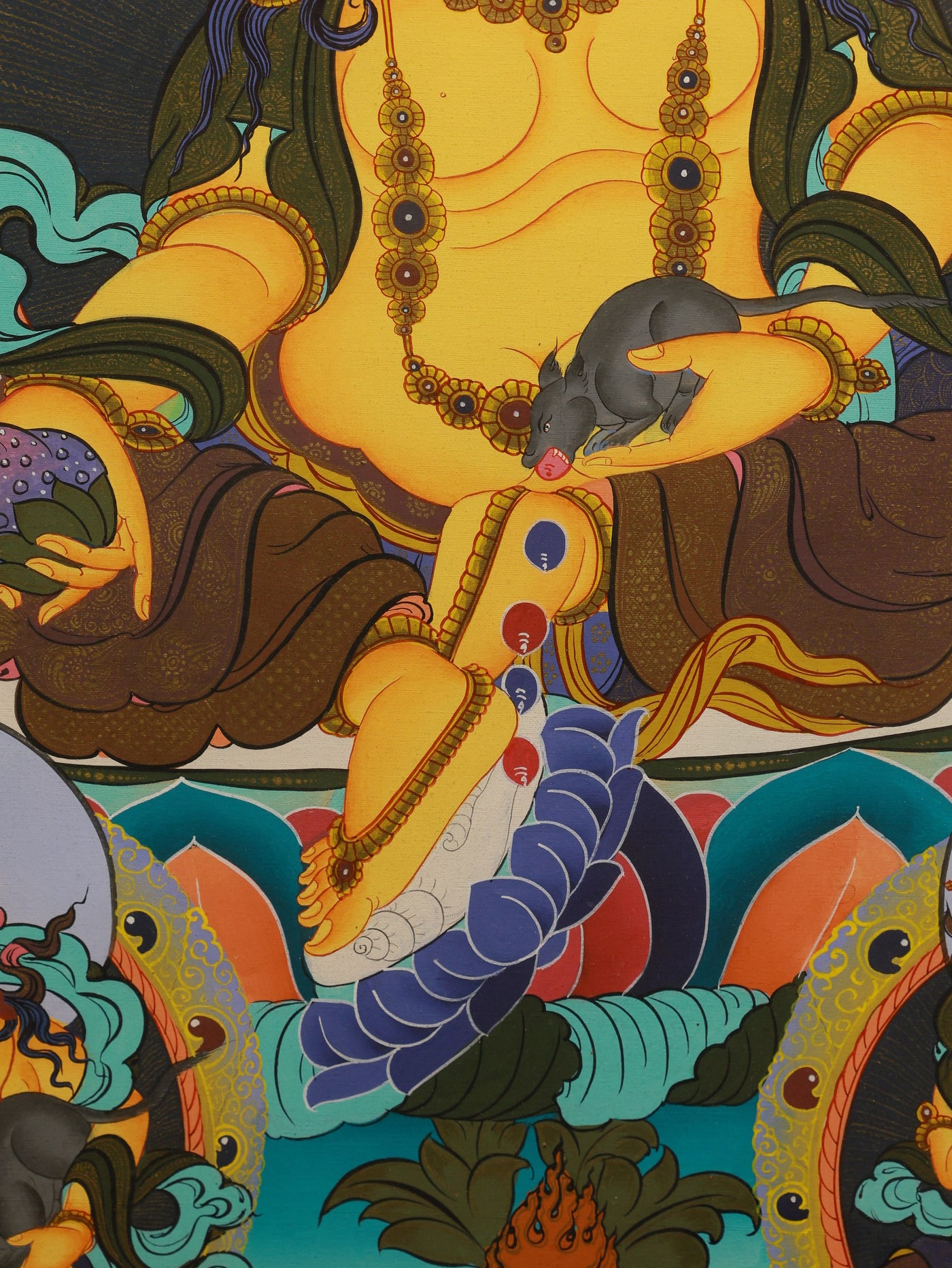 Sacred Tibetan Buddhist color thangka of Yellow Jambhala, expressing wealth, fortune, and spiritual generosity