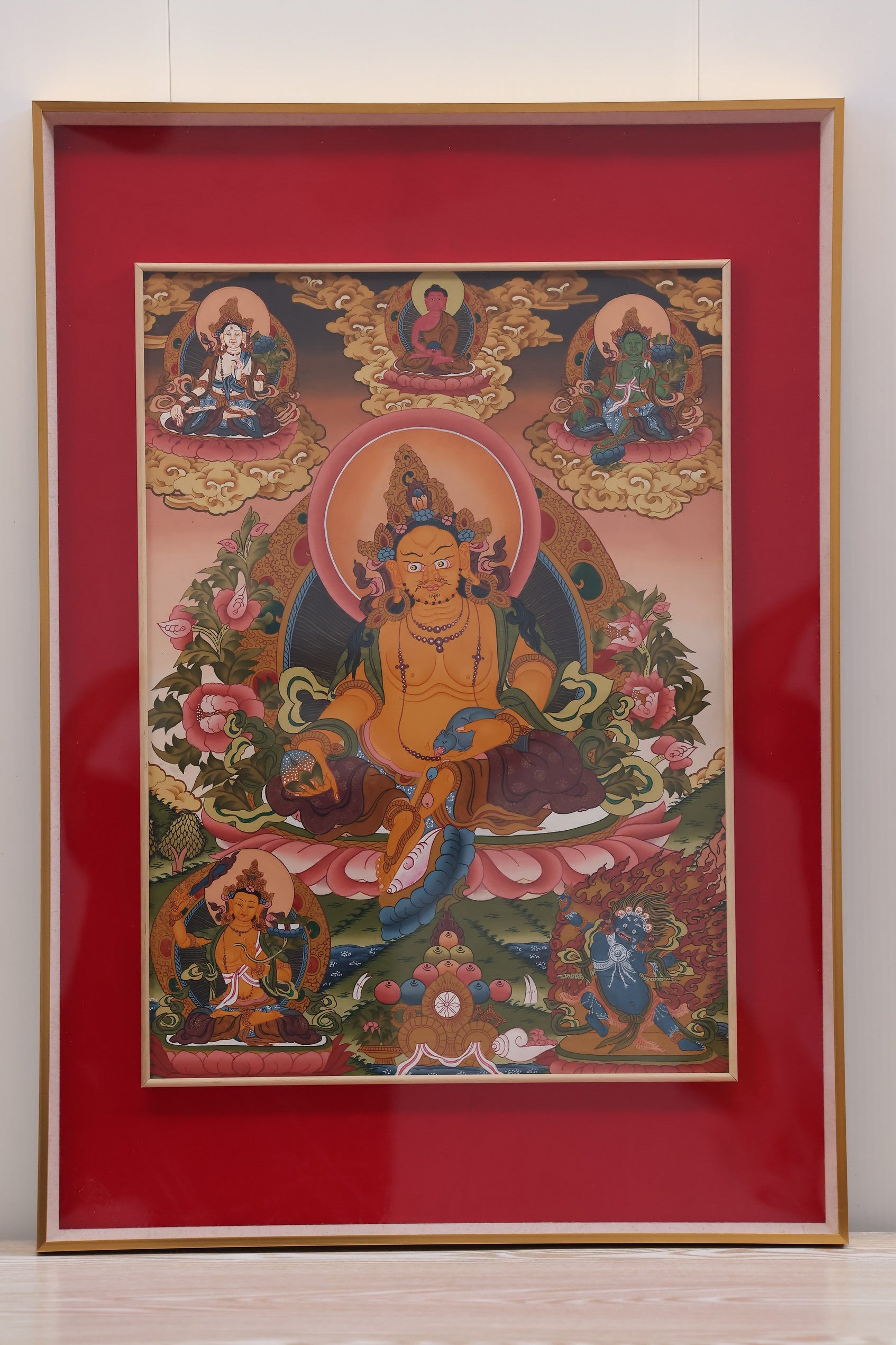 Yellow Cai Shen (Jambhala) Thangka – Tibetan Buddhist art for career prosperity and professional growth.