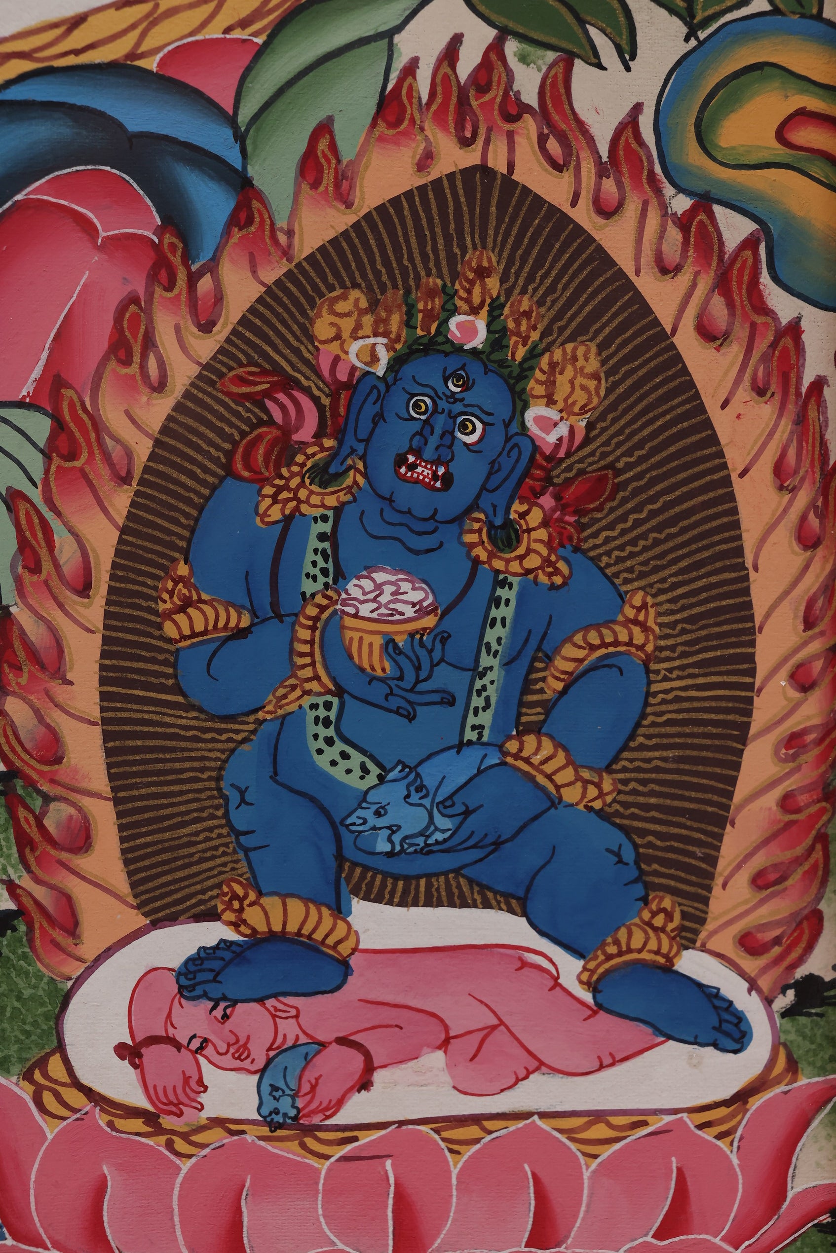 Yellow Jambhala with celestial attendants, offering blessings and abundance in Tibetan Thangka.