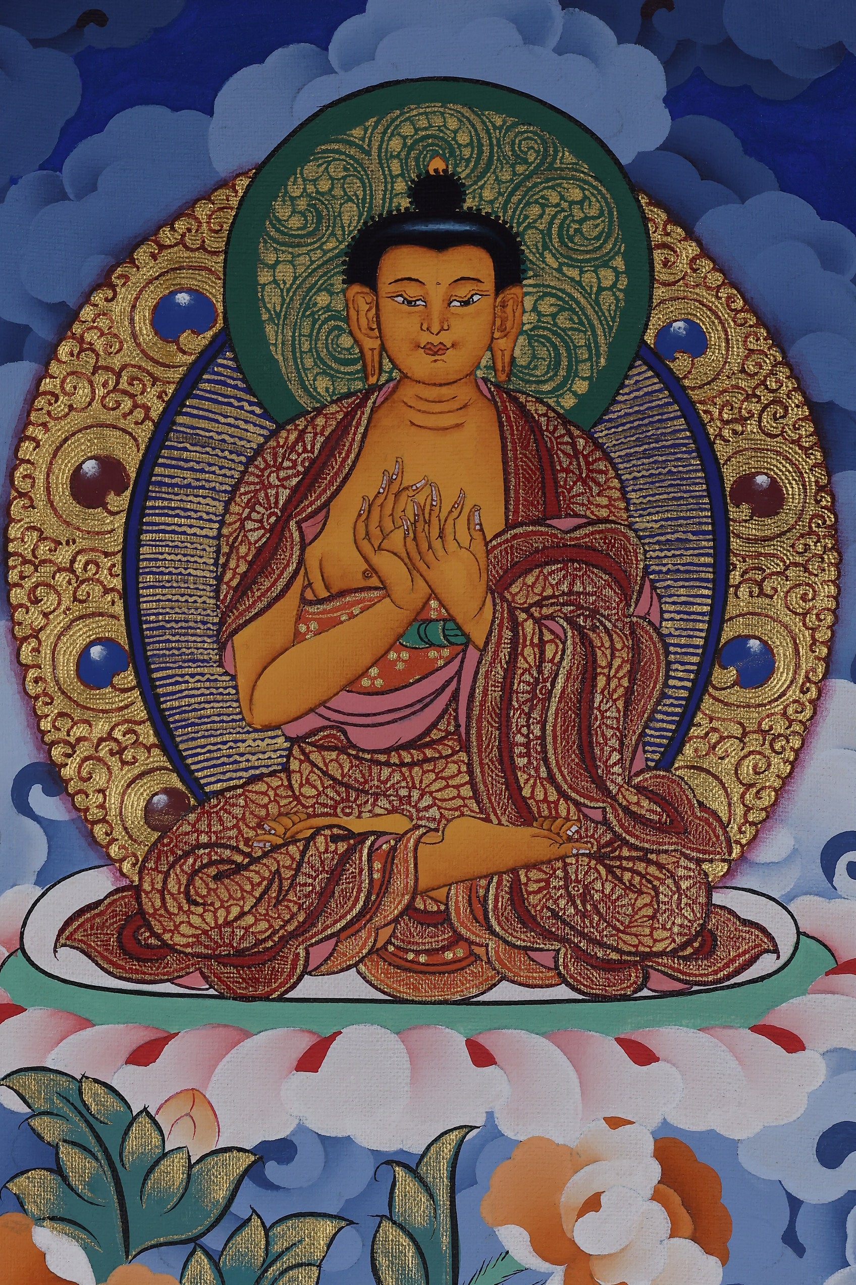 Alt Text: Medicine Buddha Blue Healing Light Thangka, Tibetan sacred art symbolizing protection and wellness.