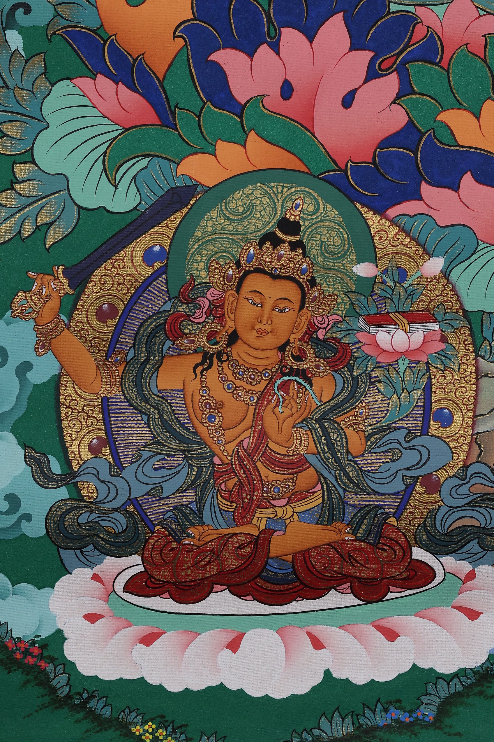 Alt Text: Lapis Lazuli Light Medicine Buddha Thangka, hand-painted Tibetan Buddhist healing artwork.