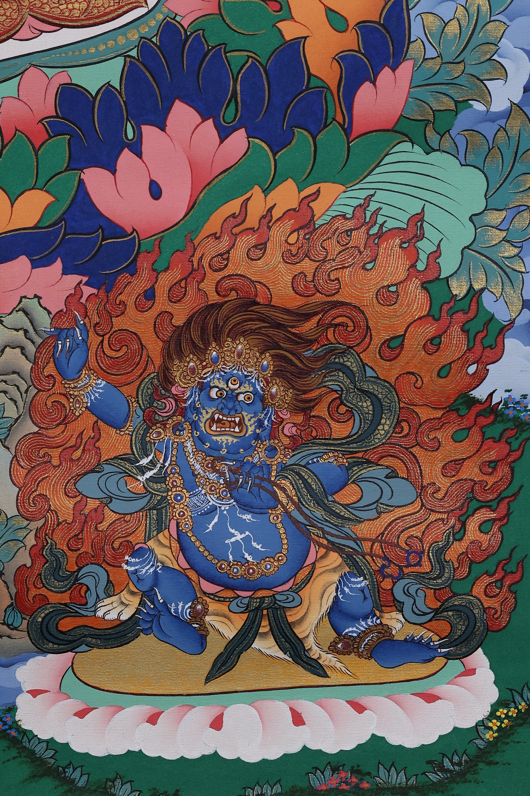Alt Text: Medicine Buddha with Seven Healing Buddhas Thangka, traditional Tibetan sacred art for wellness and protection.