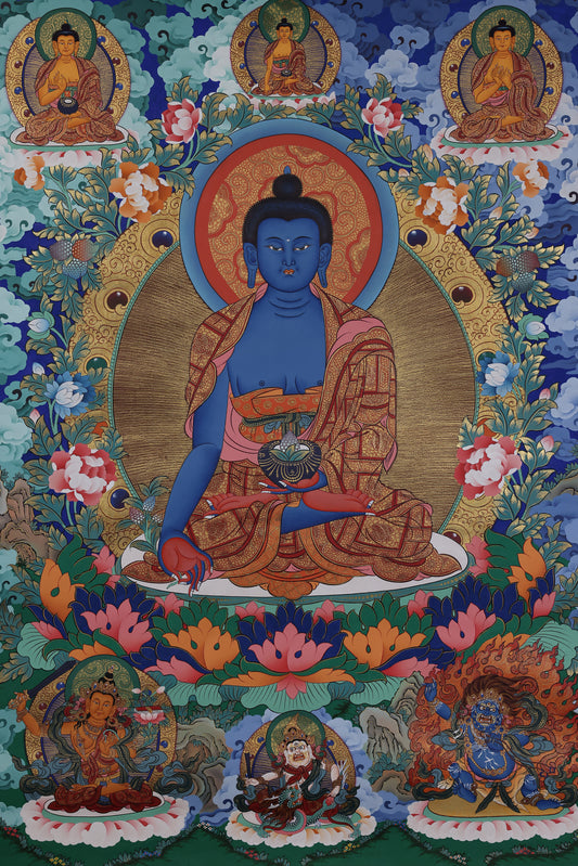 Alt Text: Bhaisajyaguru Medicine Buddha Thangka painting, traditional Tibetan healing artwork crafted with natural pigments.