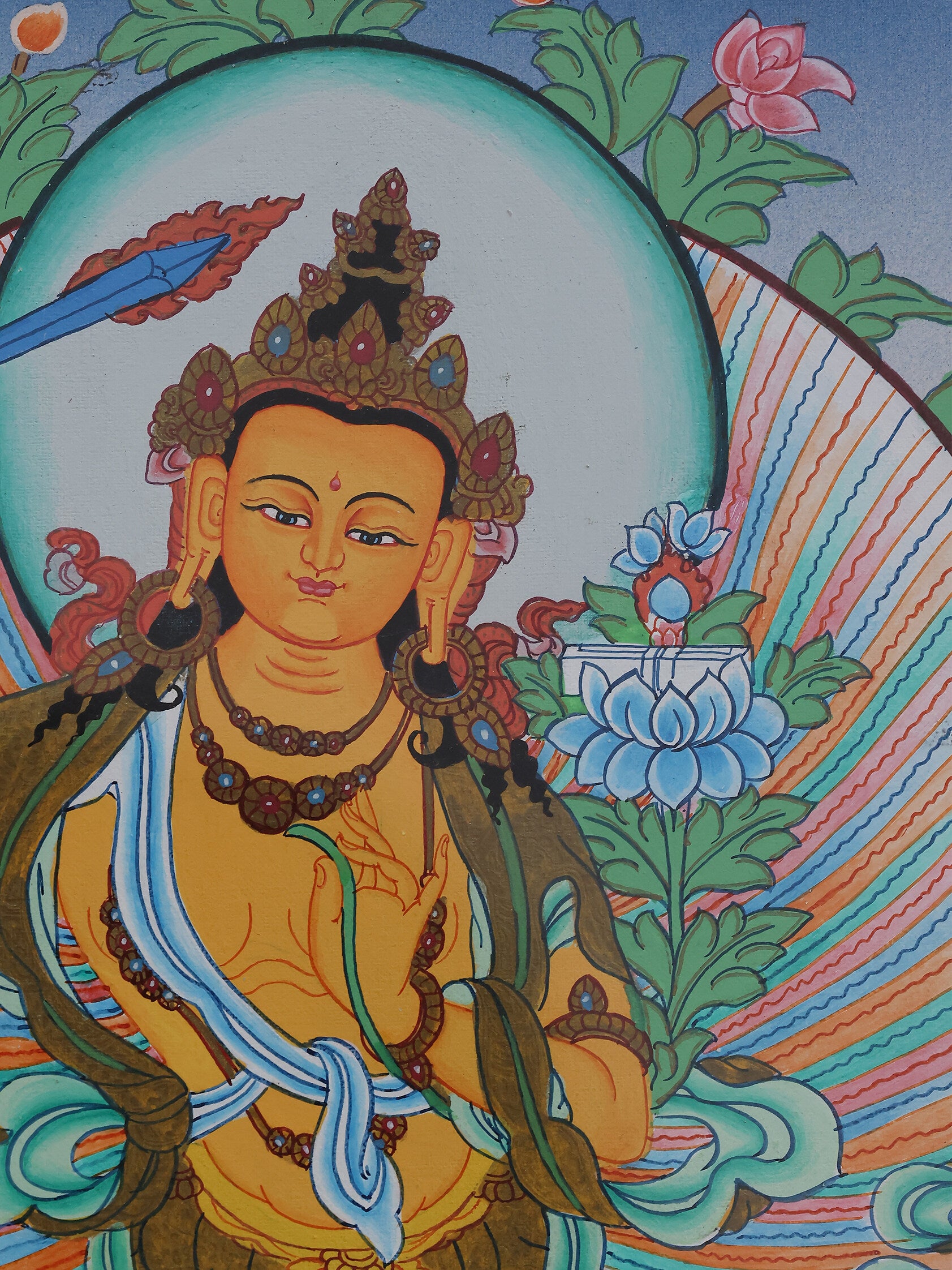 Youthful Prince Manjushri thangka art symbolizing clarity, intelligence, and awakened wisdom