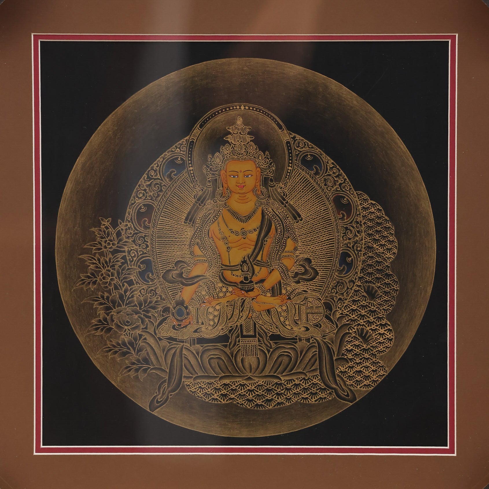 Wisdom deity Yellow Manjushri image, adorned with jewels and ornaments, with a majestic aura, representing perfect wisdom and the essence of Buddhist teachings.