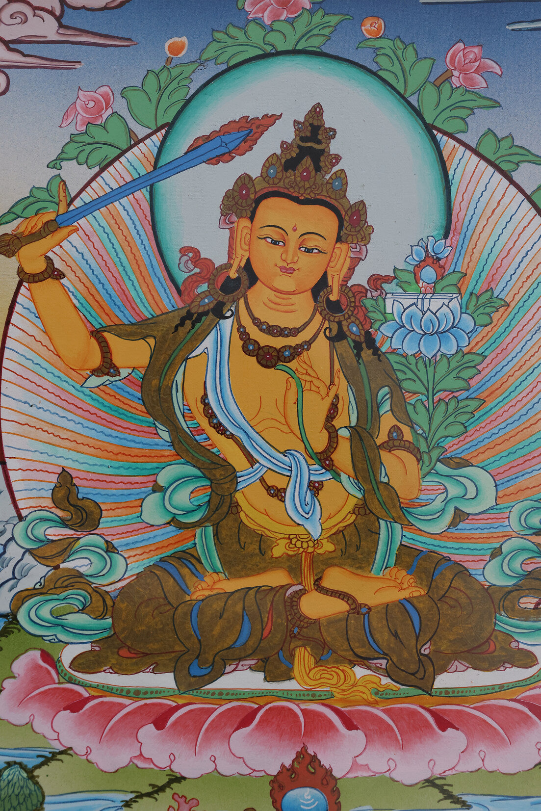 Tibetan Buddhist Manjushri thangka revered as the protector of scholars and spiritual learning