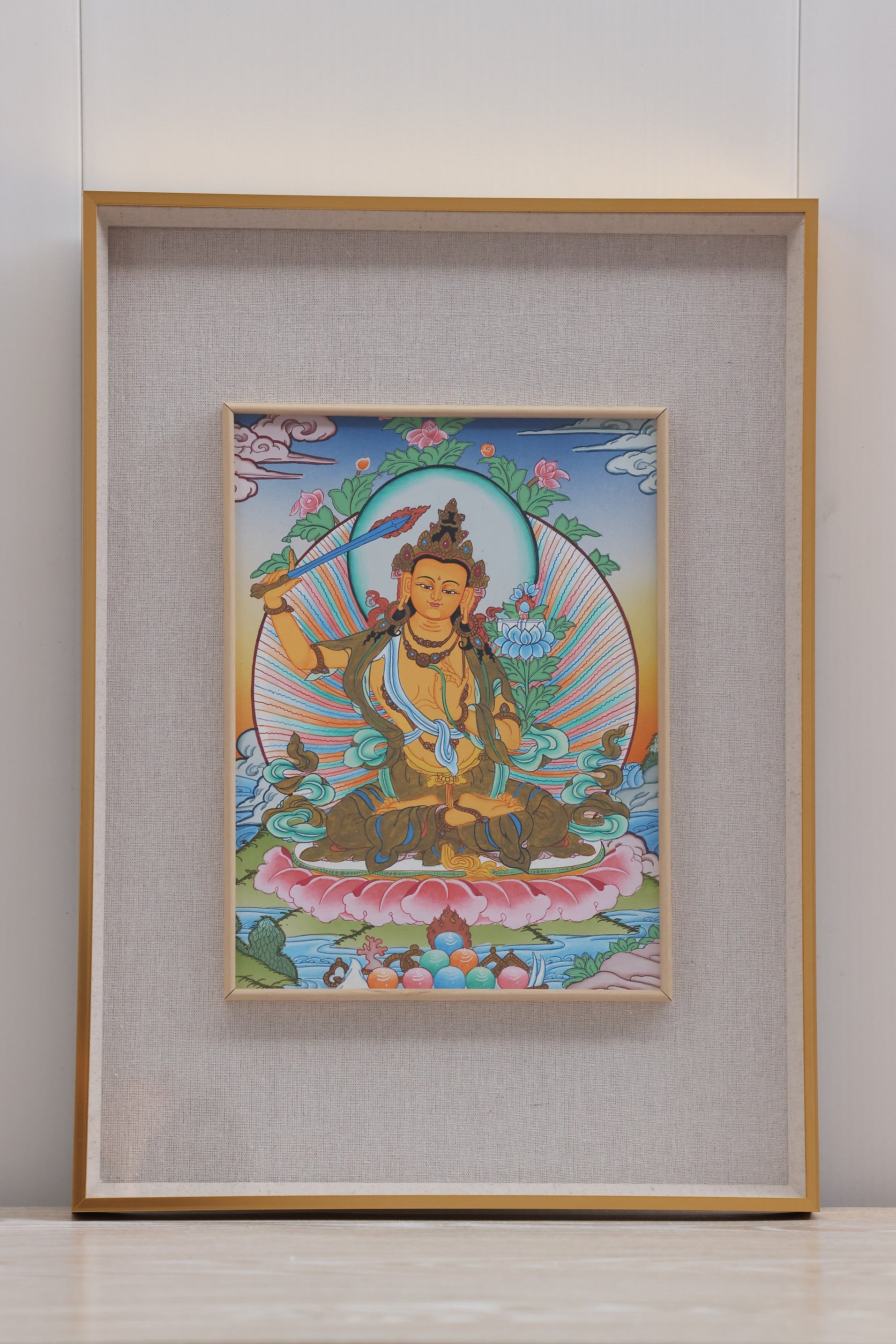Manjushri Bodhisattva thangka painting symbolizing prajna wisdom in Tibetan Buddhist culture