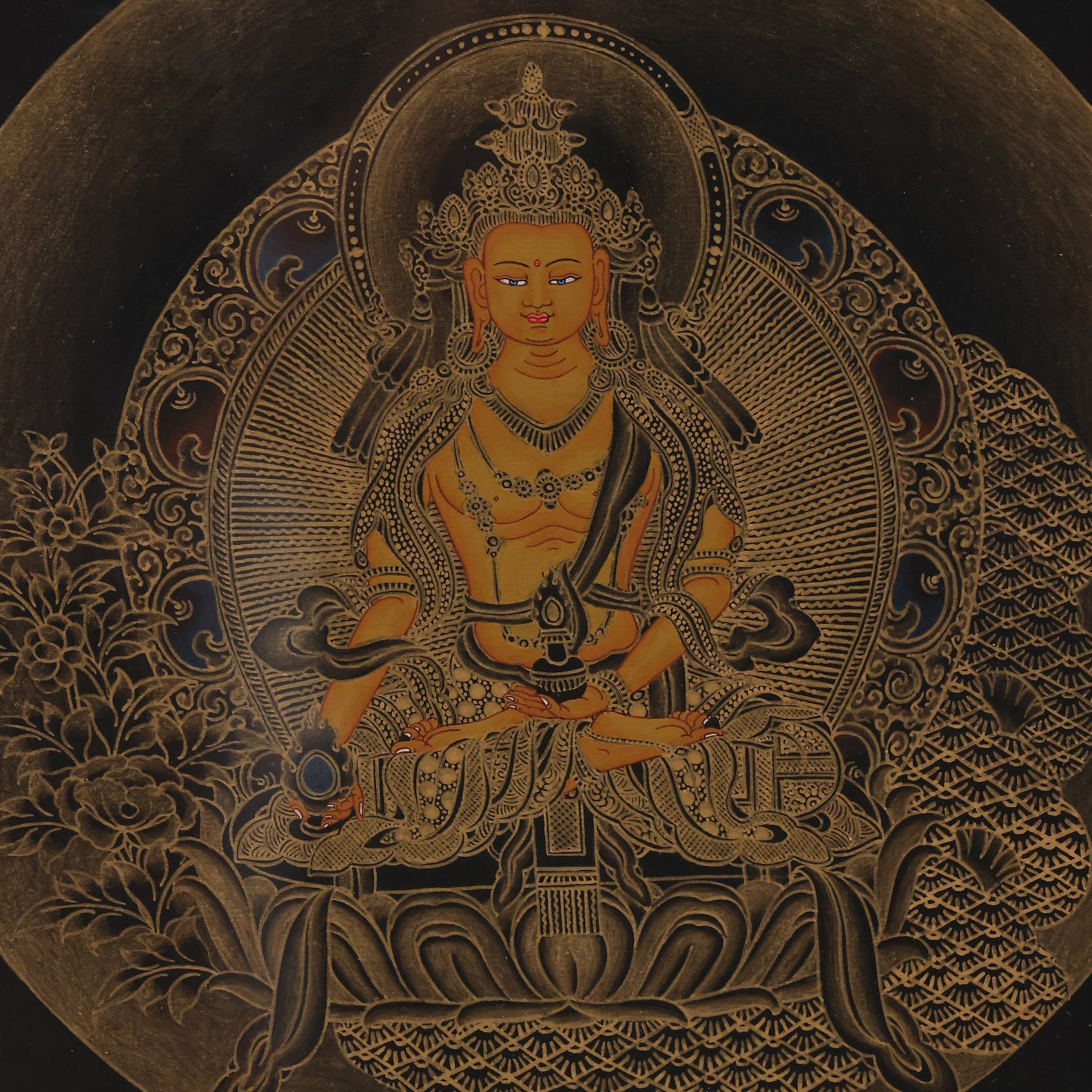 Yellow Manjushri Bodhisattva painting, with golden body color, right hand brandishing the sword to cut ignorance, left hand holding the Prajnaparamita sutra, seated in lotus position.
