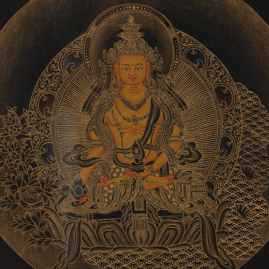 Yellow Manjushri Bodhisattva painting, with golden body color, right hand brandishing the sword to cut ignorance, left hand holding the Prajnaparamita sutra, seated in lotus position.