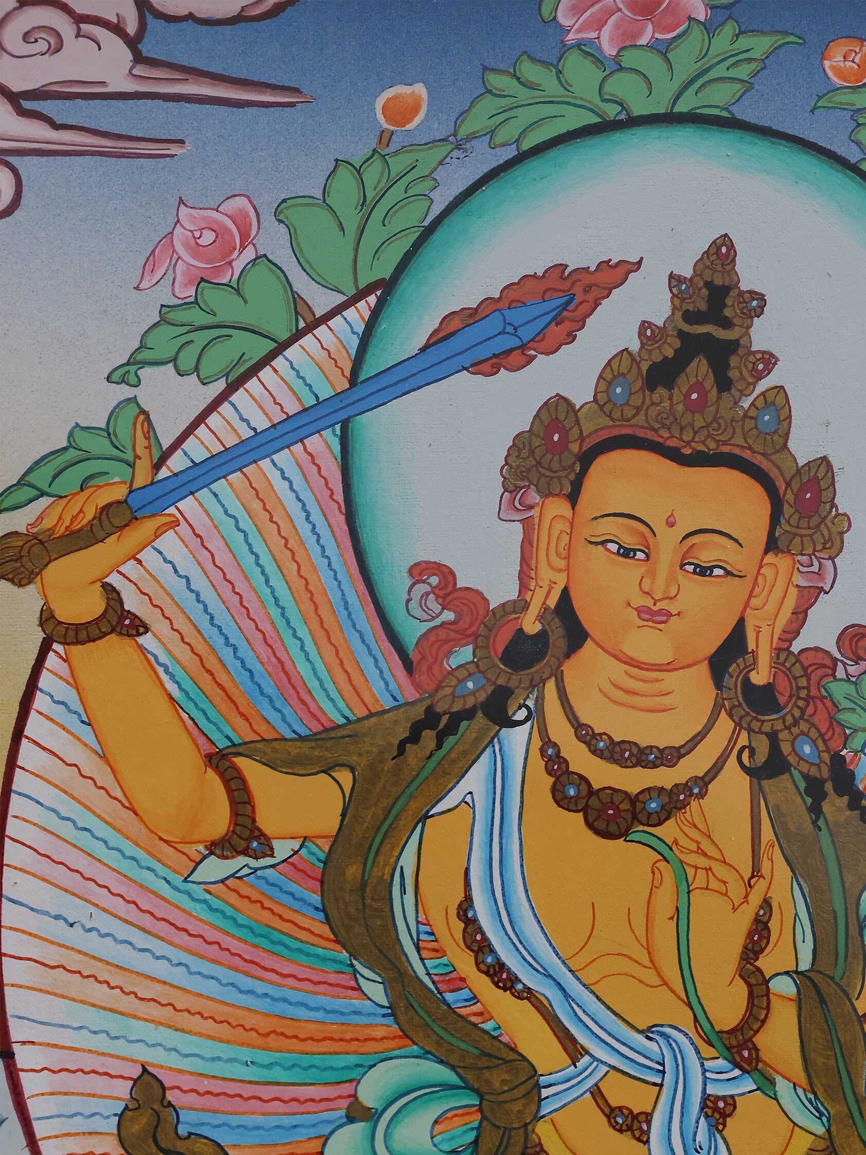 Manjushri thangka featuring the flaming sword of wisdom in traditional Tibetan Buddhist iconography